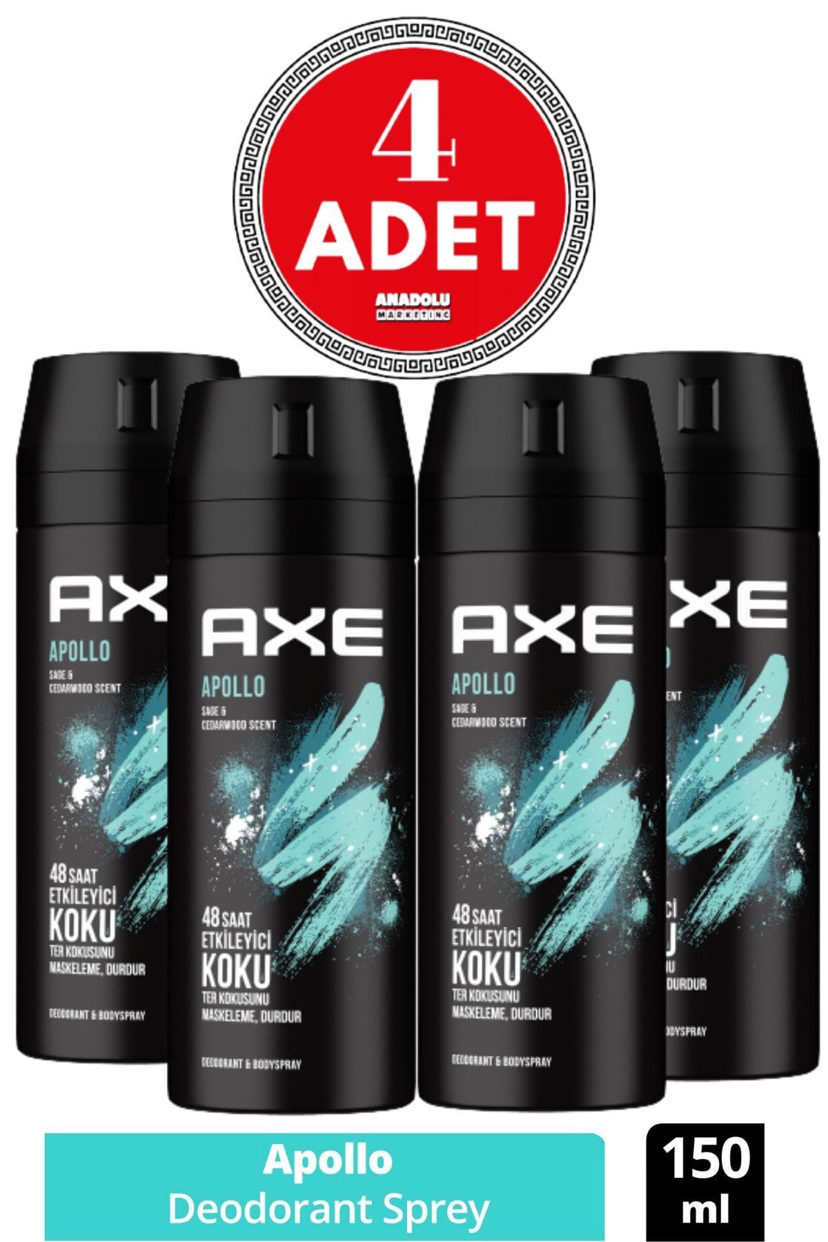 Axe Erkek Sprey Deodorant Apollo 48 Saat Etkileyici Koku 150 ml 4 ADET