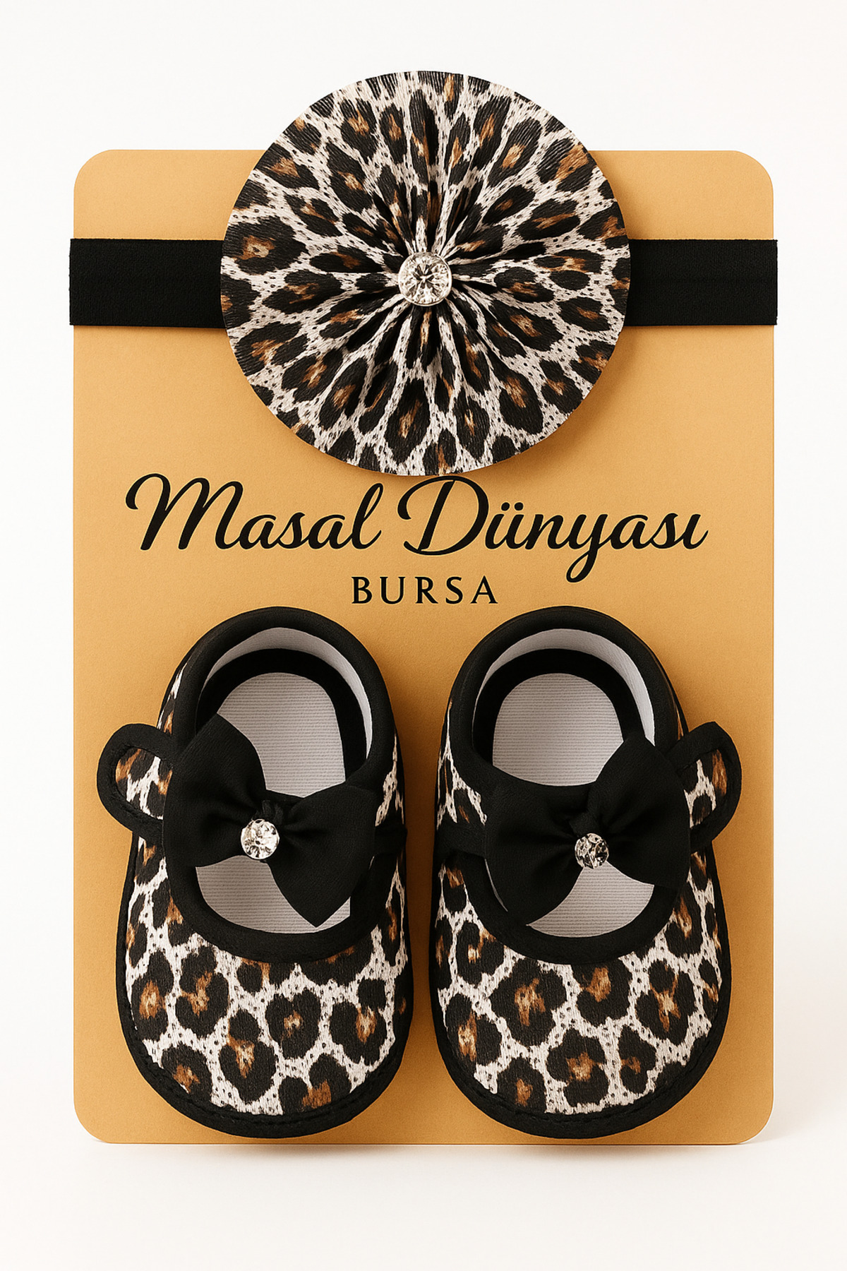 Masal Dünyası Bursa Leopar Desenli Kız Bebek Saç Bandı Ve Bez Ayakkabı Seti 0-3 Ay