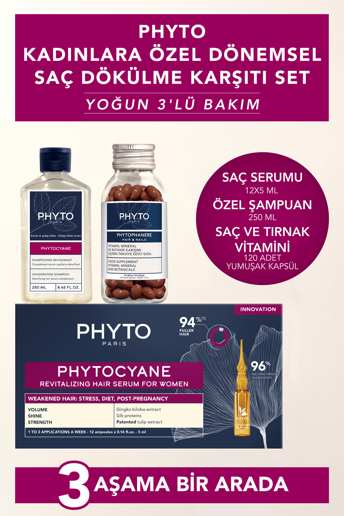 Phyto Kadınlara Özel Dönemsel Saç Dökülme Karşıtı Set - Yoğun 3'lü Bakım