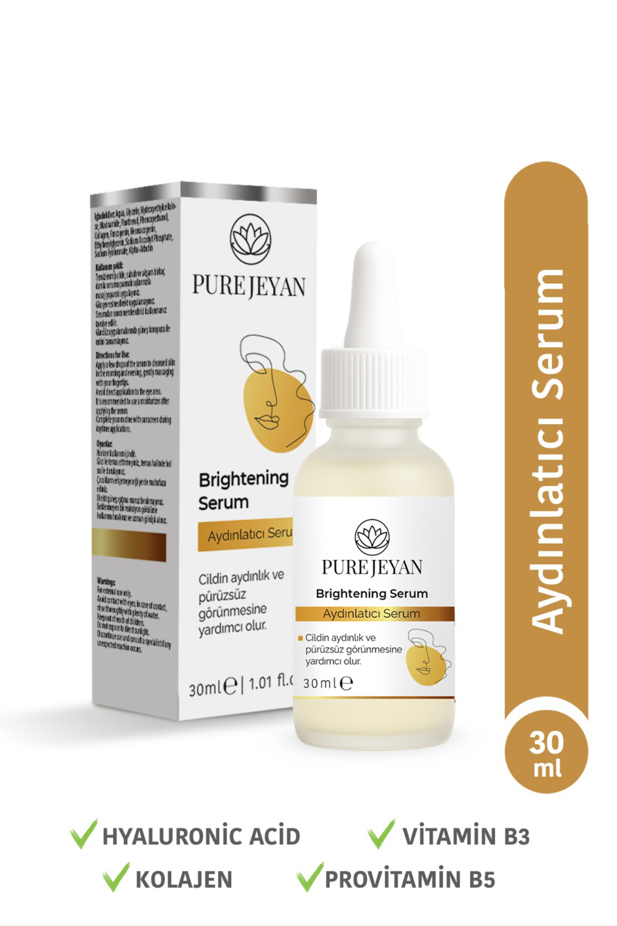 PURE JEYAN Aydınlatıcı Serum 30 ml – Hyaluronic Acid + Kolajen + Vitamin B3 & Provitamin B5
