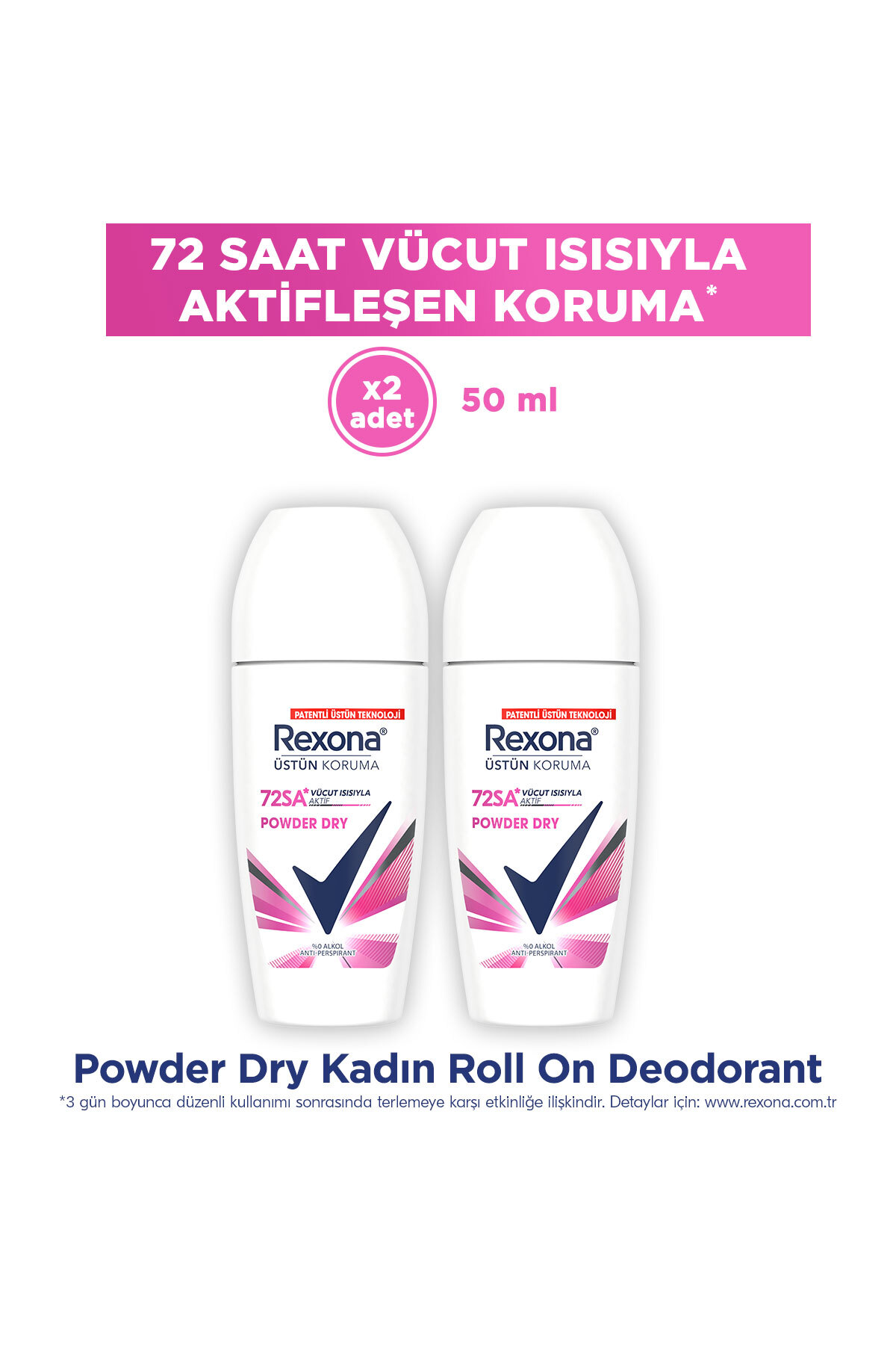 Rexona Üstün Koruma Kadın Roll On Deodorant Powder Dry 72 Saat Kesintisiz Koruma 50 ml x2