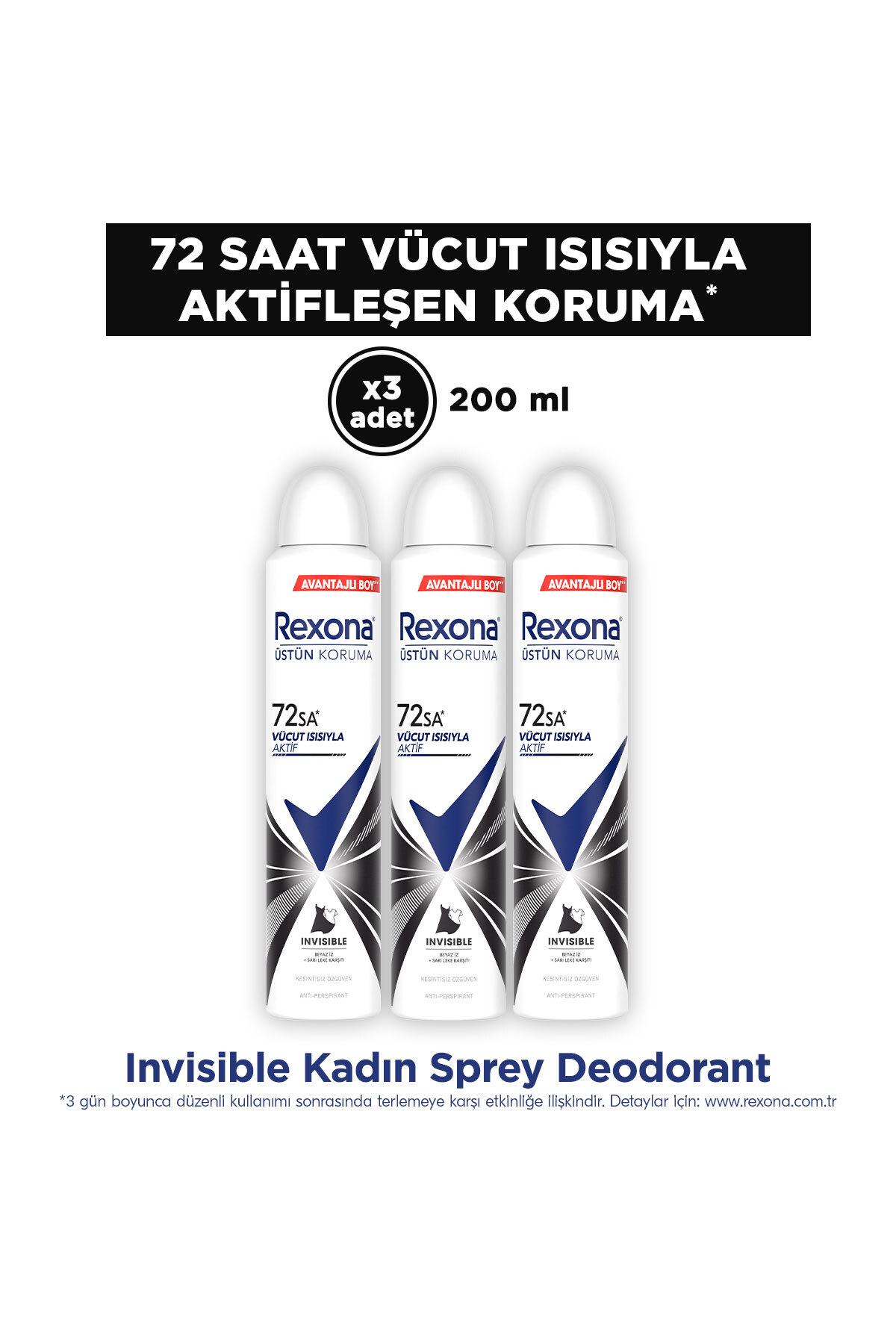 Rexona Kadın Sprey Deodorant Invisible Beyaz İz Sarı Leke Karşıtı 72 Saat Kesintisiz Üstün Koruma 20