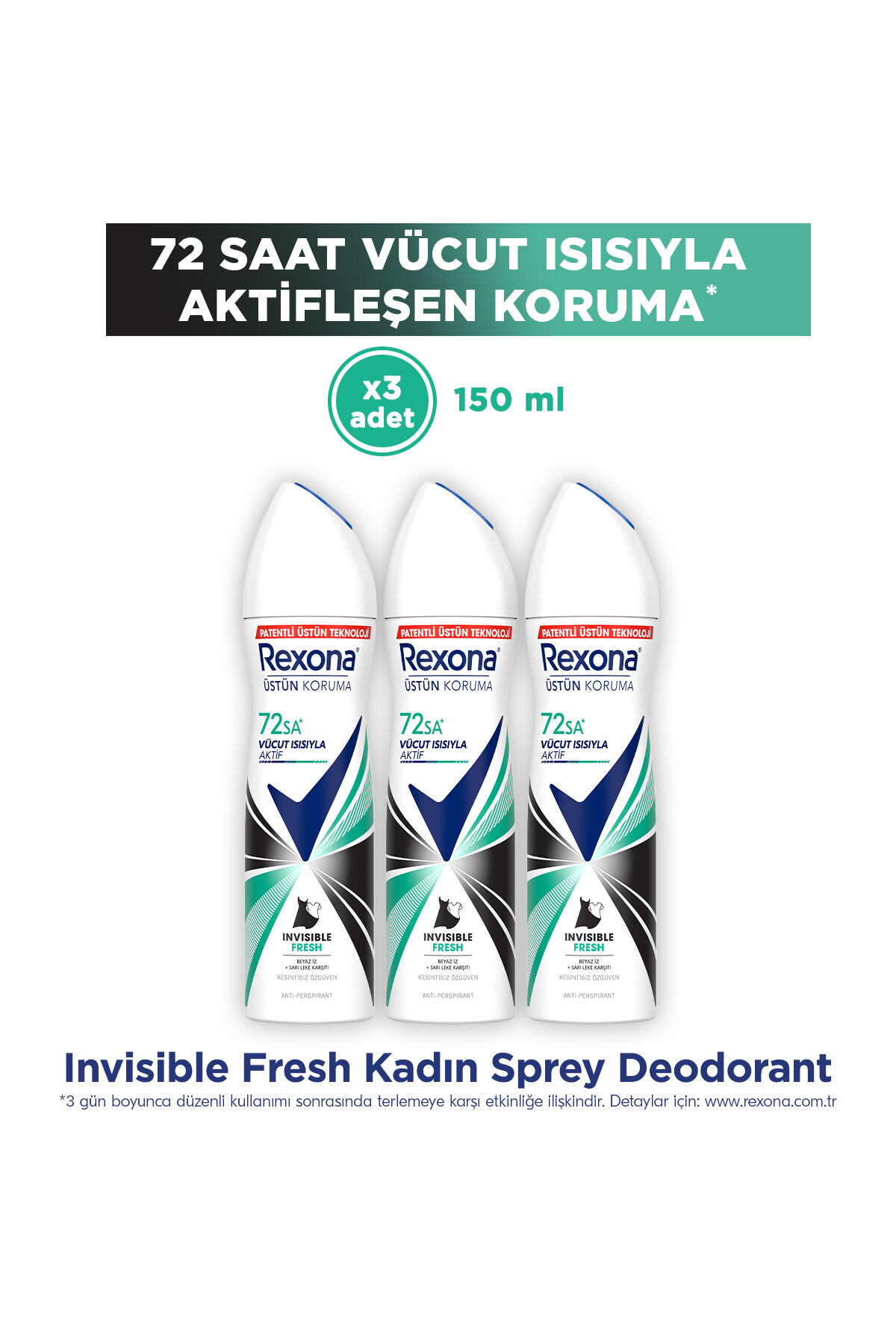 Rexona Kadın Sprey Deodorant Invisible Fresh Deep 72 Saat Kesintisiz Üstün Koruma 150 ml x3
