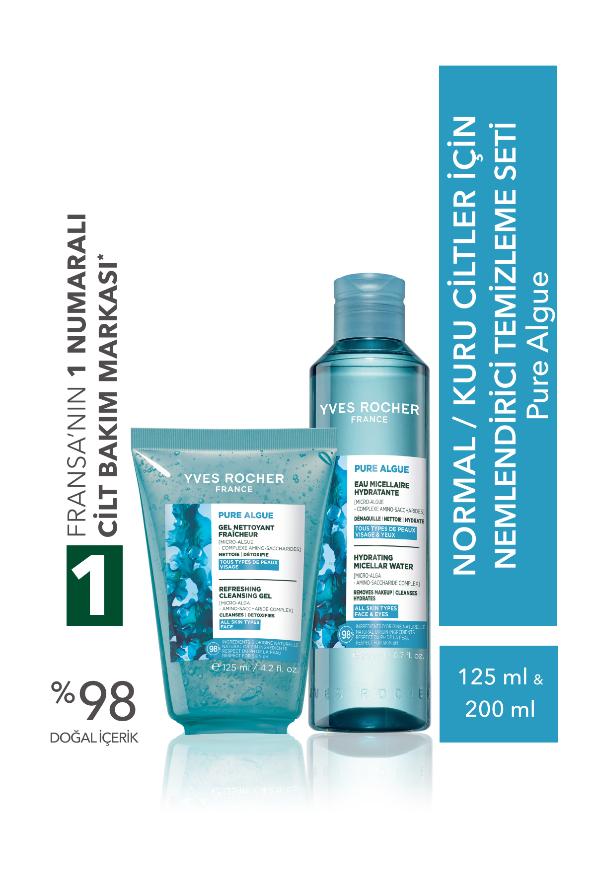 Yves Rocher Normal ve Kuru Ciltler İçin Küçük Boy Temizleme Seti-Micellar Su 200 ml & Yüz Yıkama Jeli 125 ml