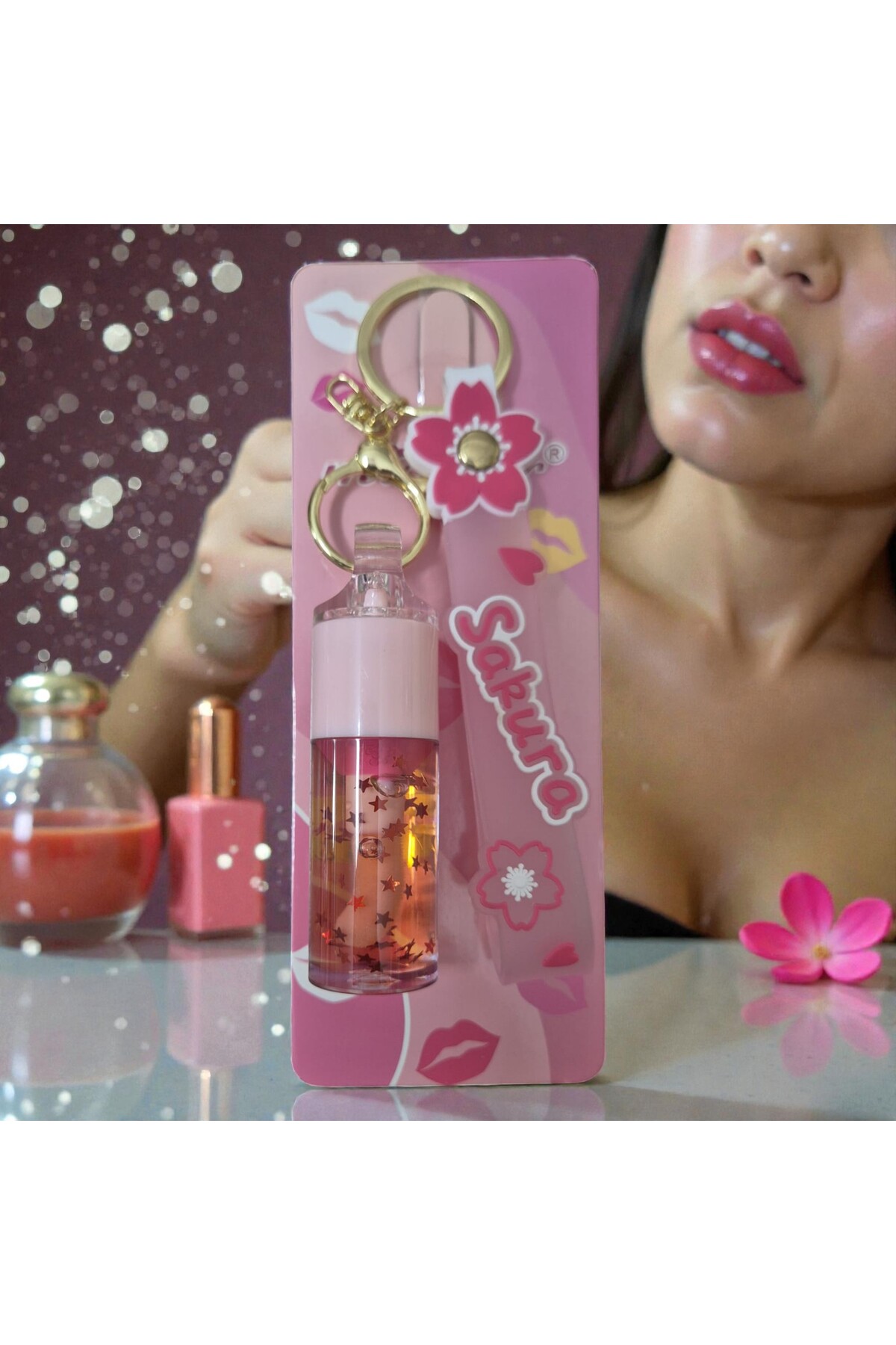 WANDA NARA COSMETİCS Lipgloss Mirocolor Tropikal Kokulu Işıltılı Lip Gloss + Şirin Peluş Anahtarlıklı Çocuk-Genç Her Yaşa