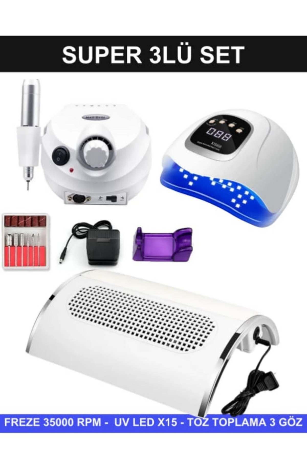 Shena Protez Tırnak Kalıcı Oje Seti (FREZE MAKİNESİ + X15 UV/LED OJE KURUTUCU + TOZ TOPLAMA 3 FANLI)
