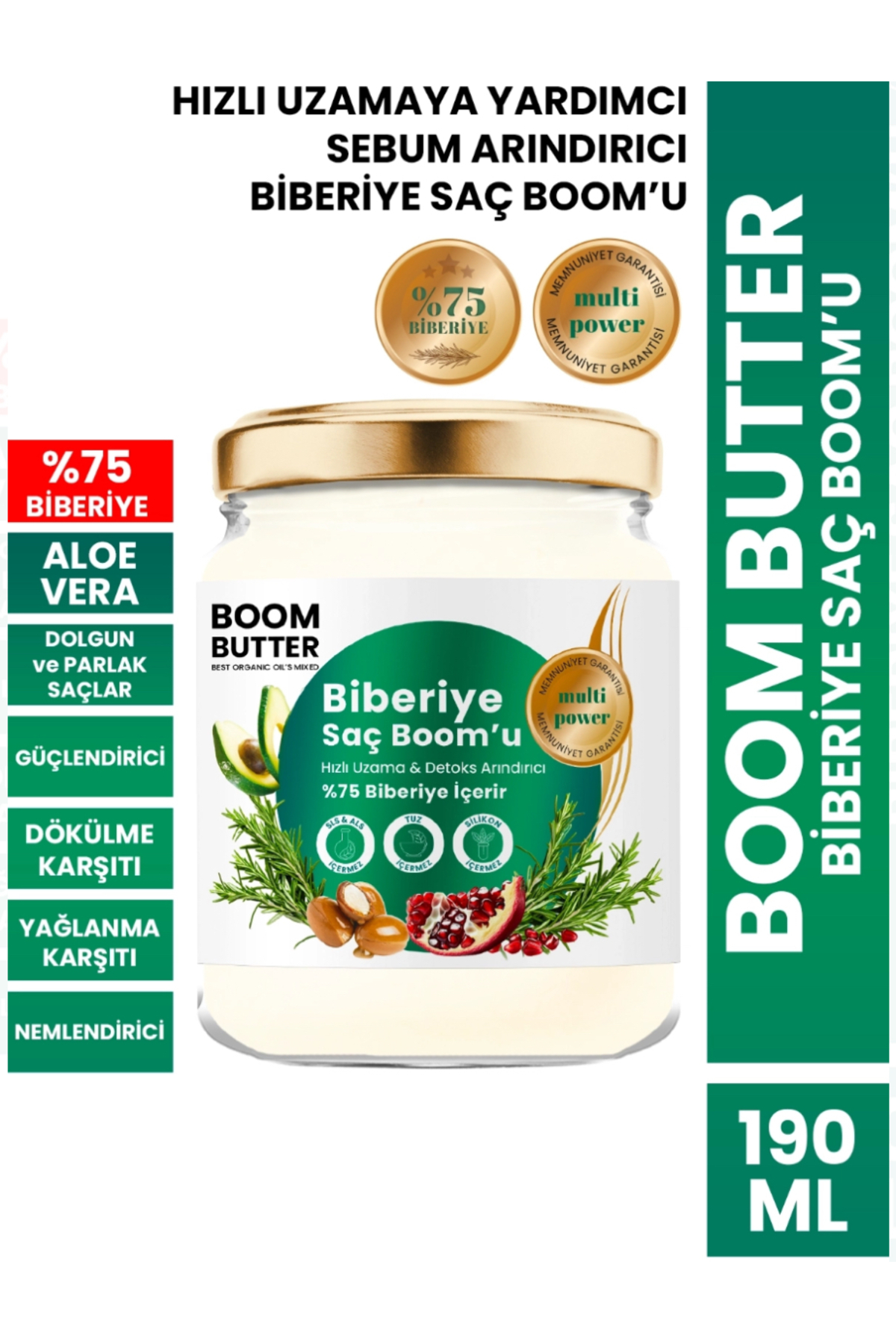 BOOM BUTTER Hızlı Uzama ve Detoks Arındırıcı %75 Biberiye Saç Bakım Kremi 190 ML