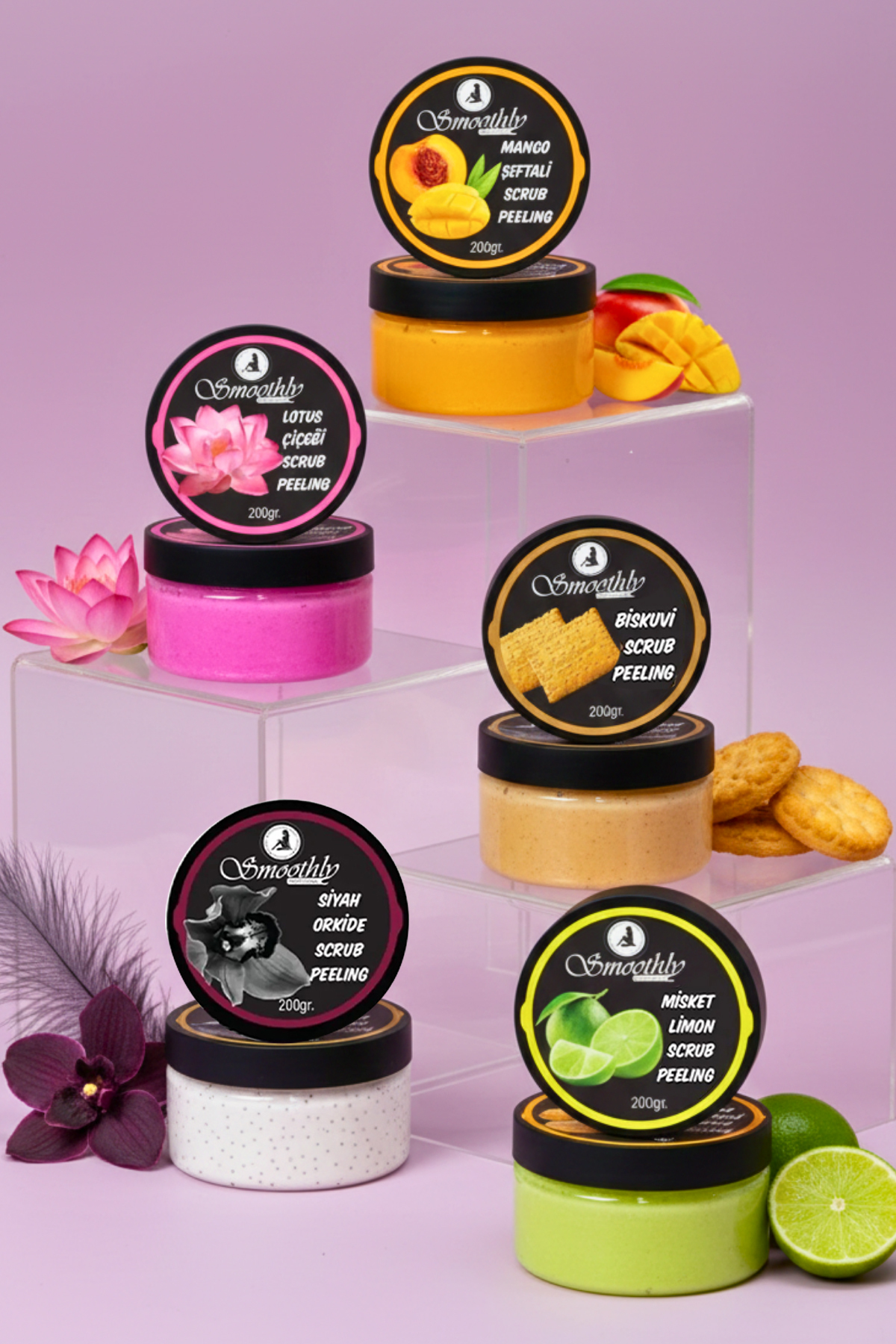Smoothly Lotus Çiçeği + Mango Şeftali + Bisküvi + Siyah Orkide + Misket Limon El Ayak Bakım Peeling Seti
