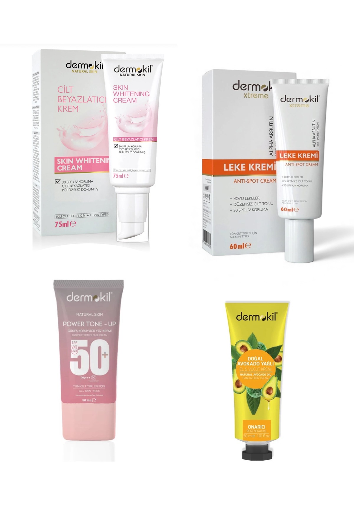 Dermokil Leke Karşıtı 60 Ml+Cilt Beyazlatıcı 75 Ml+Ton Eşitleyici Krem 50 Ml+30 Ml krem Hediye