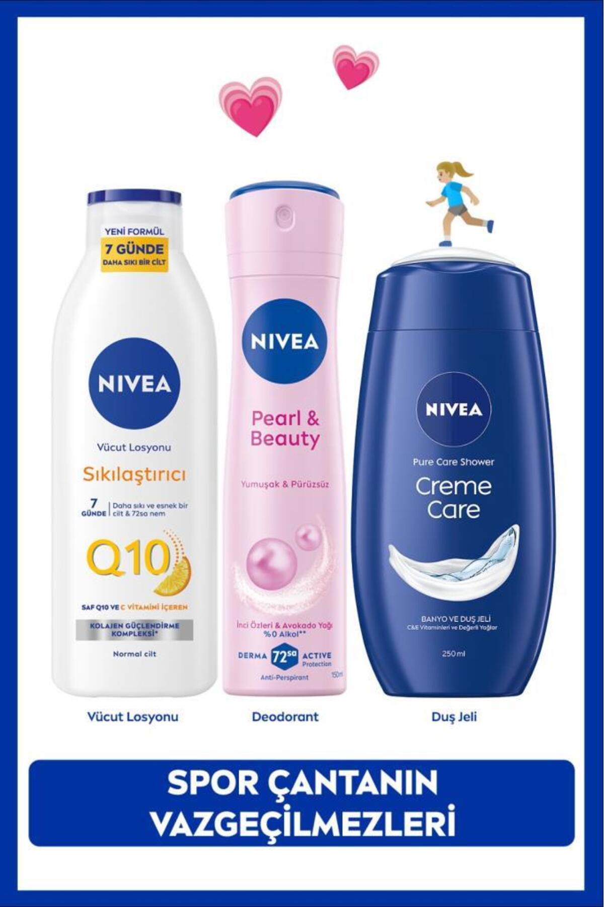 NIVEA Kadın Bakım Çeyiz Seti, Q10 Sıkılaştırıcı Losyon 250ml, Pearl&Beauty Deodorant 150ml ve Duş Jeli