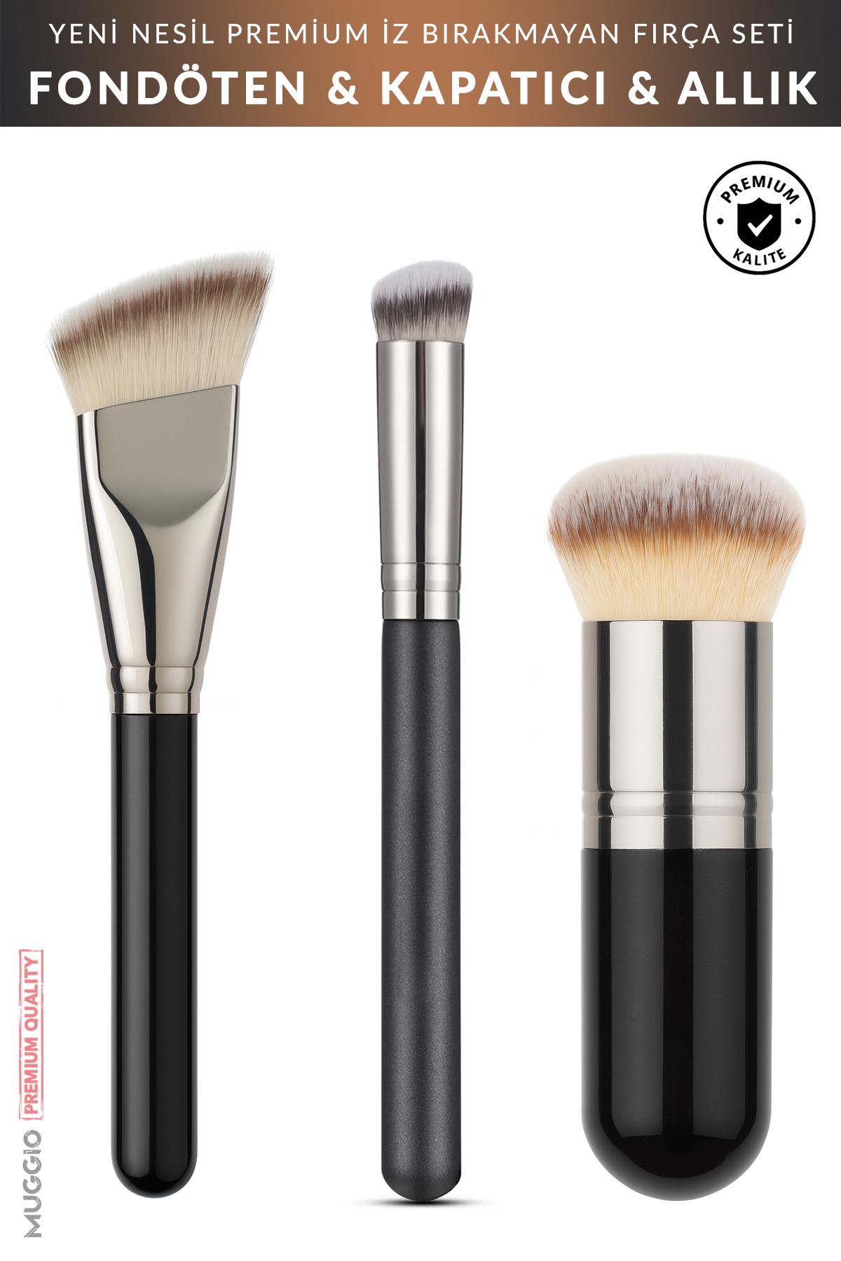 Muggio Trio 3'lü Premium Fondöten, Kapatıcı ve Allık Kabuki Makyaj Fırça Seti