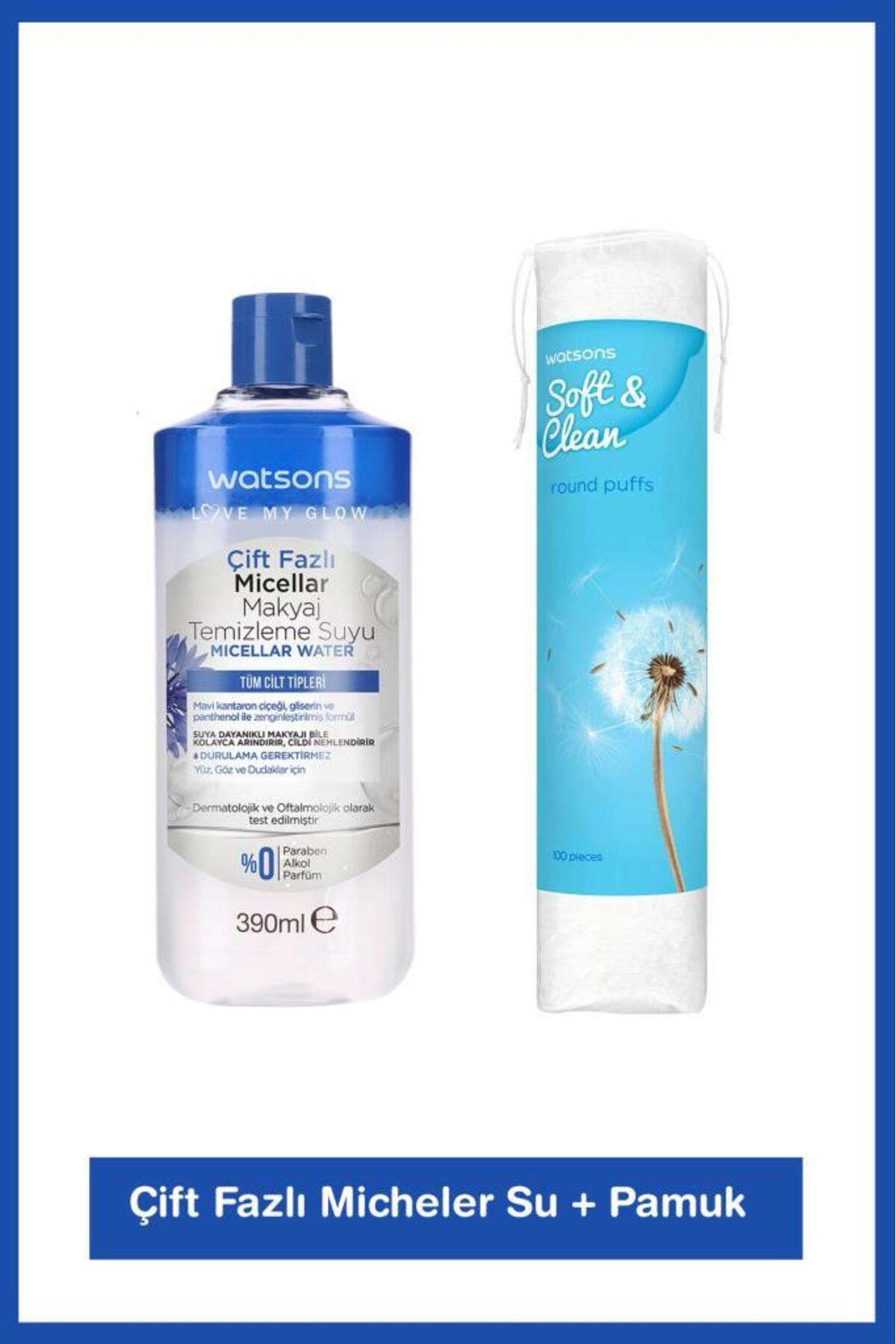 Watsons Çift Fazlı Micellar Su 390 Ml + Yuvarlak Makyaj Pamuğu 100 Adet