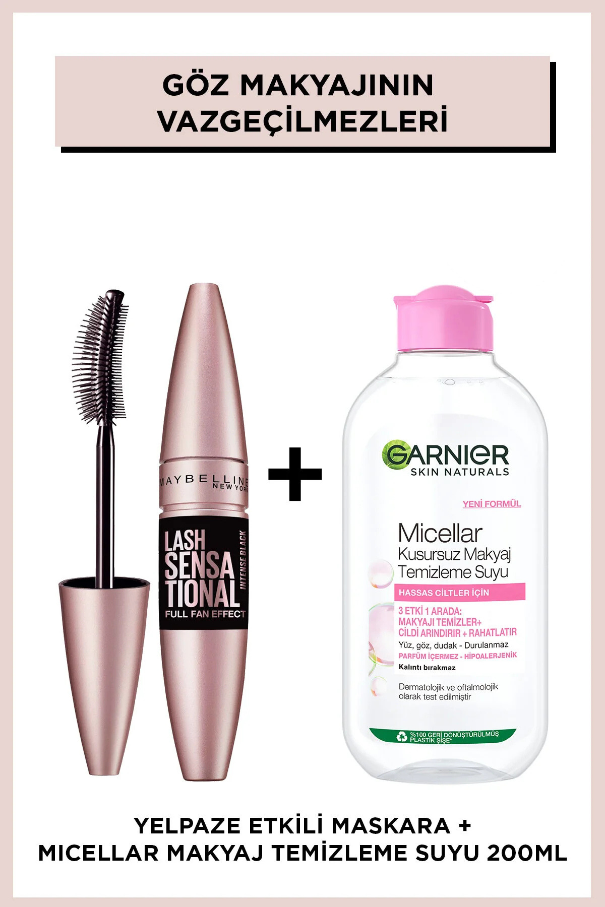 Maybelline New York Lash Sensational Intense Black Maskara - Ekstra Siyah & Garnier 200ml Micellar Makyaj Temizleme Suyu