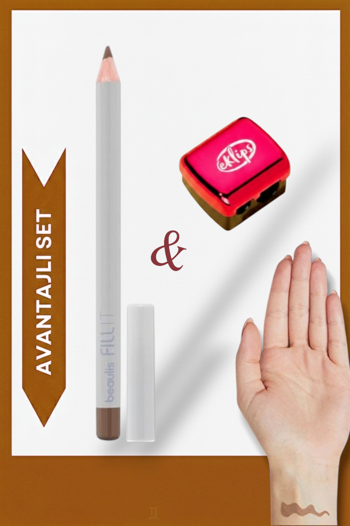 beaulis 180 Light Brown Acik Kahverengi Kas Kalemi + Keskin Kalemtras Seti Toplam 2 Adet Avantaj Seti