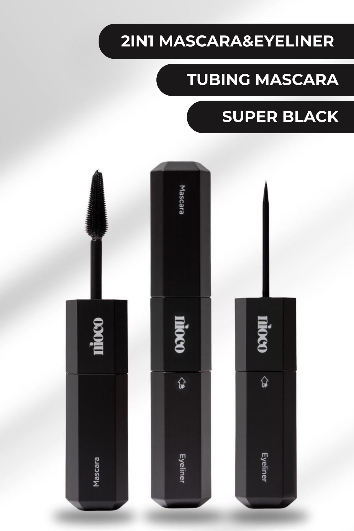 NİOCO 2in1 Çift Taraflı Maskara Eyeliner Hacim Veren Kıvırıcı Etkili Rimel Keçe Uçlu Eyeliner-Siyah