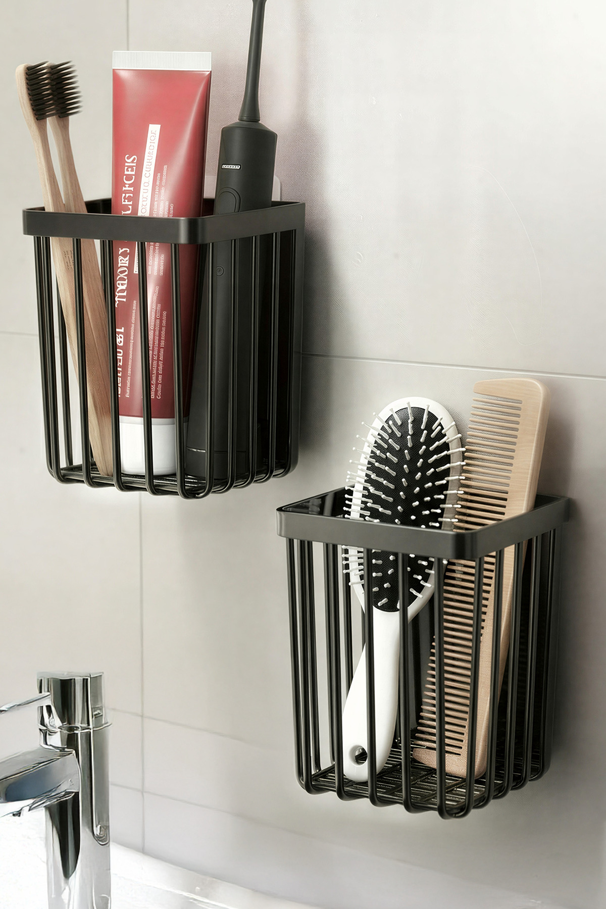ATA HOME 2'li Set Yapışkanlı Banyo Saç Fırçası Tarak Düzenleyici Diş Fırçalık Çok Amaçlı Mutfak Duvar Rafı