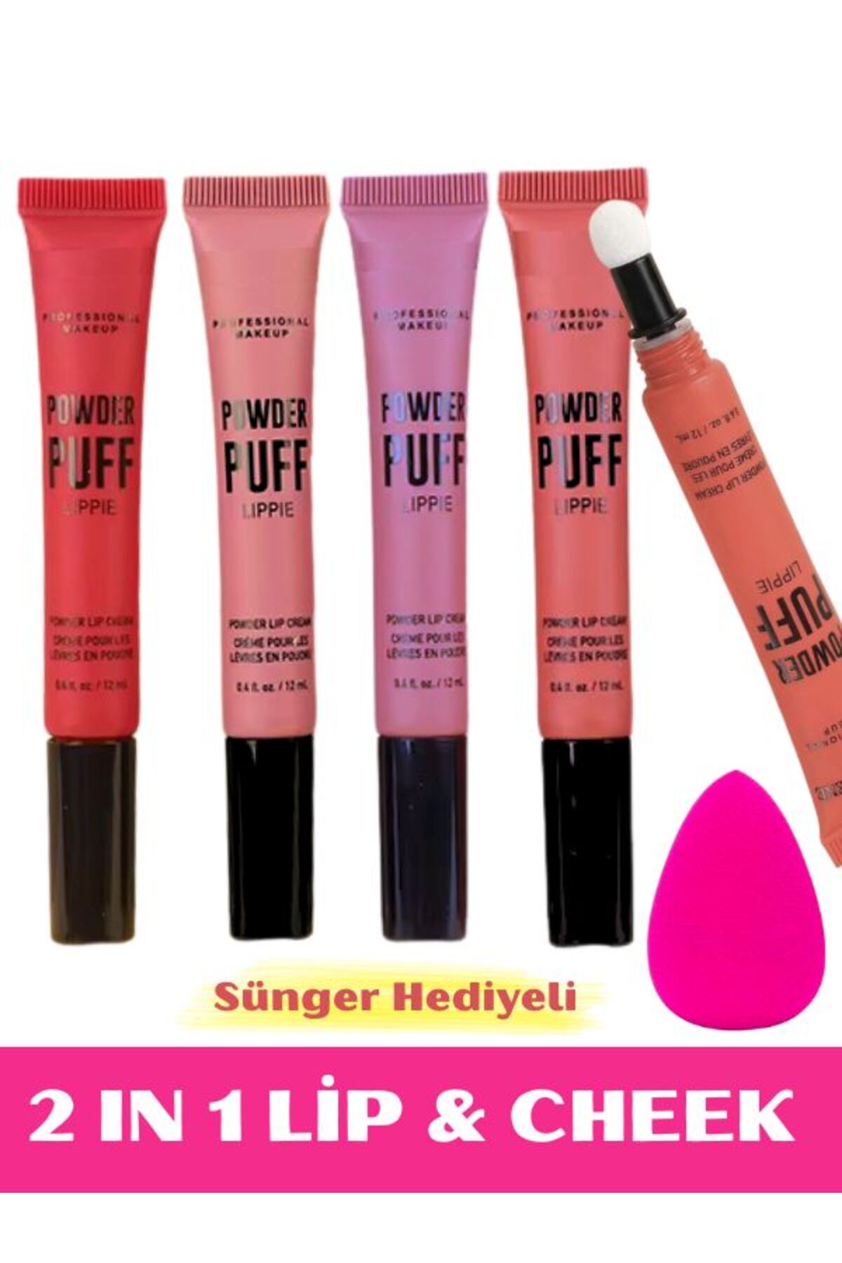 NUNUKO 4'lü Allık Seti - 4'lü Allık ve Ruj Seti - 2'si 1 Arada Lip&Cheek (Kadifemsi Sürüm-Sünger Hediyeli)