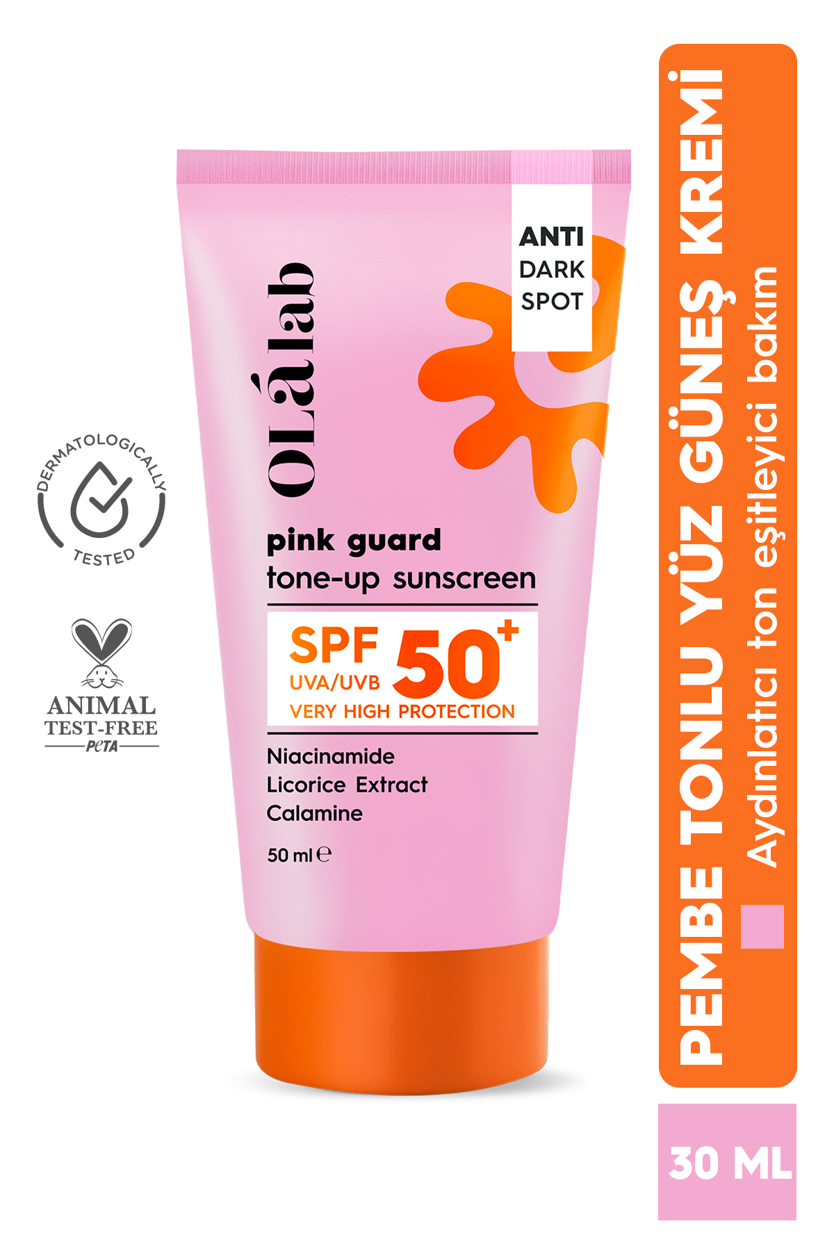 OlaLab Aydınlatıcı Ton Eşitleyici SPF 50+ Yüksek UV Koruma Pembe Yüz Güneş Kremi 50 ml