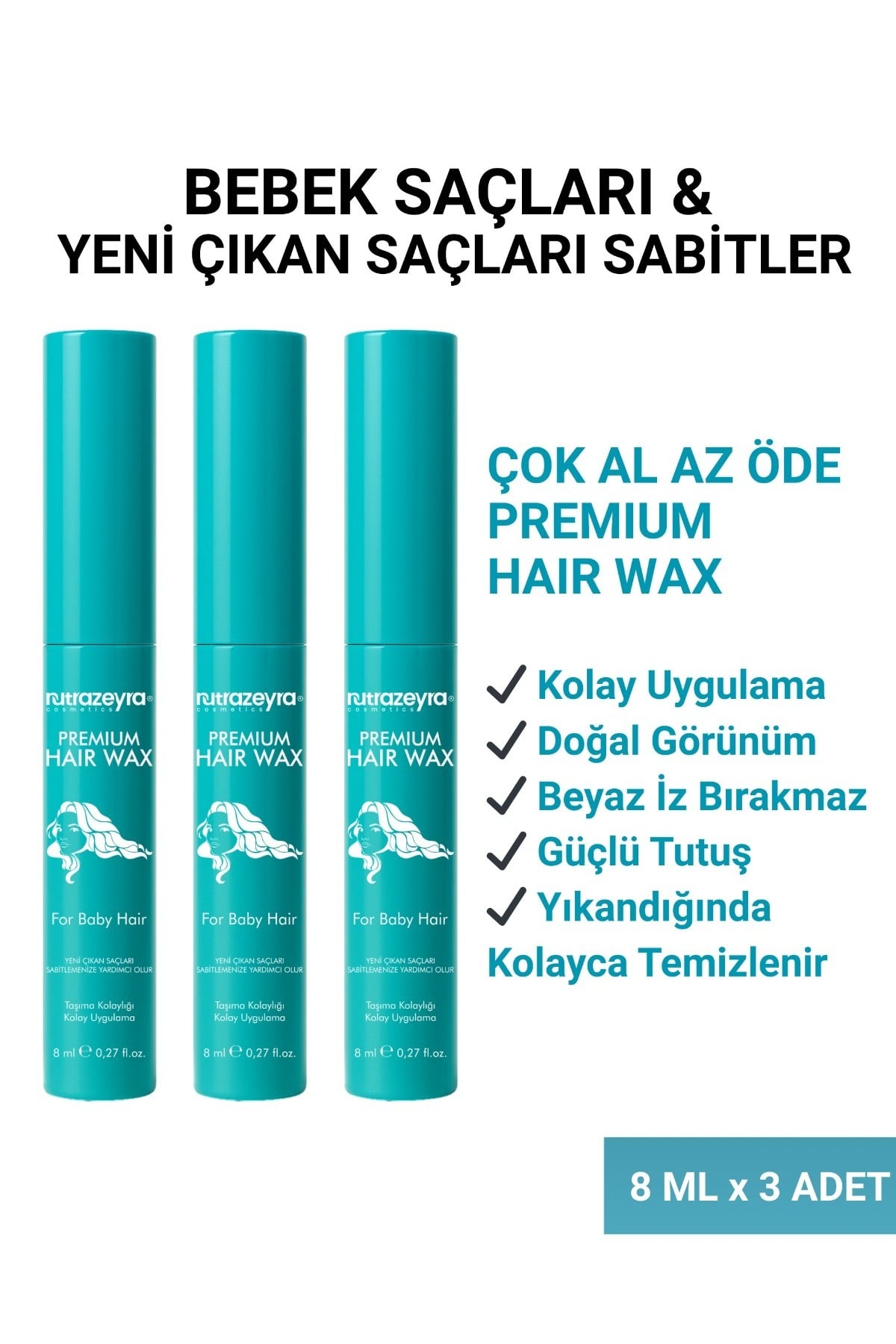 Nutrazeyra Cosmetics 3'lü Set Baby Hair Wax Elektriklenen Saçlar İçin Premium Saç Şekillendirici Wax