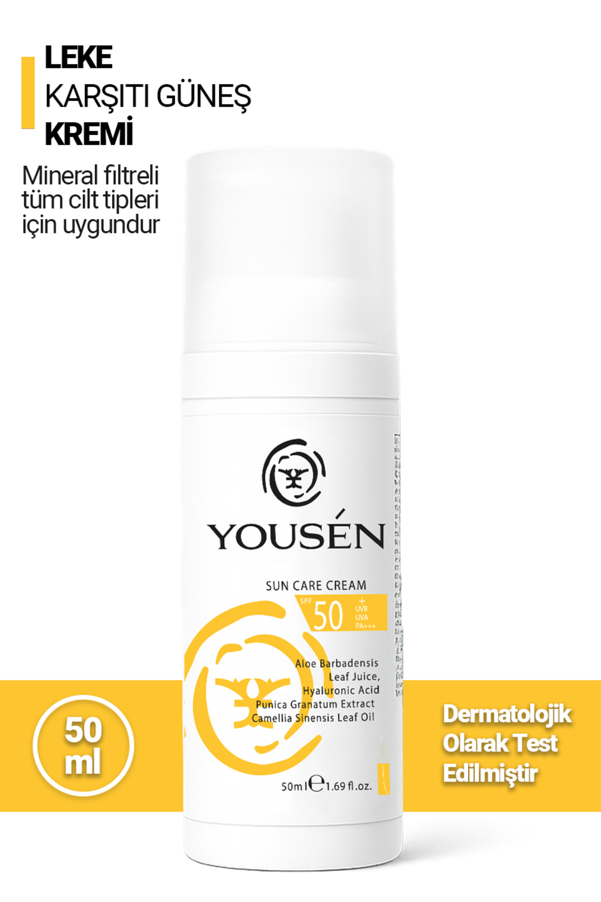 Yousen Tüm Cilt Tipleri İçin Nemlendirici ve Mineral Filtreli Güneş Koruyucu Krem SPF 50+ 50 ml