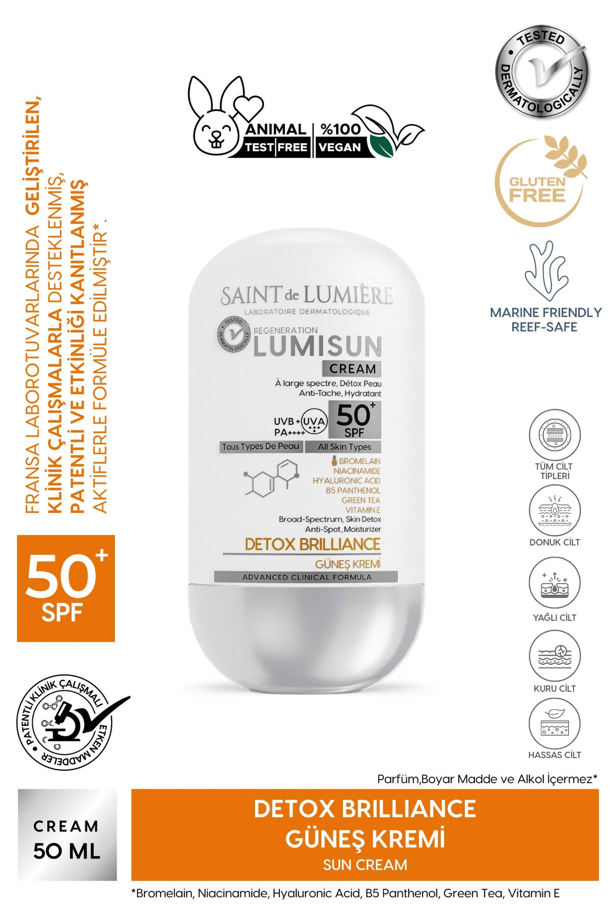 SAINT DE LUMIERE LUMISUN Detox Brilliance SPF 50+, 50 ml Güneş Kremi - Bromelain, Niacinamide, E vitamin, Hyaluronik