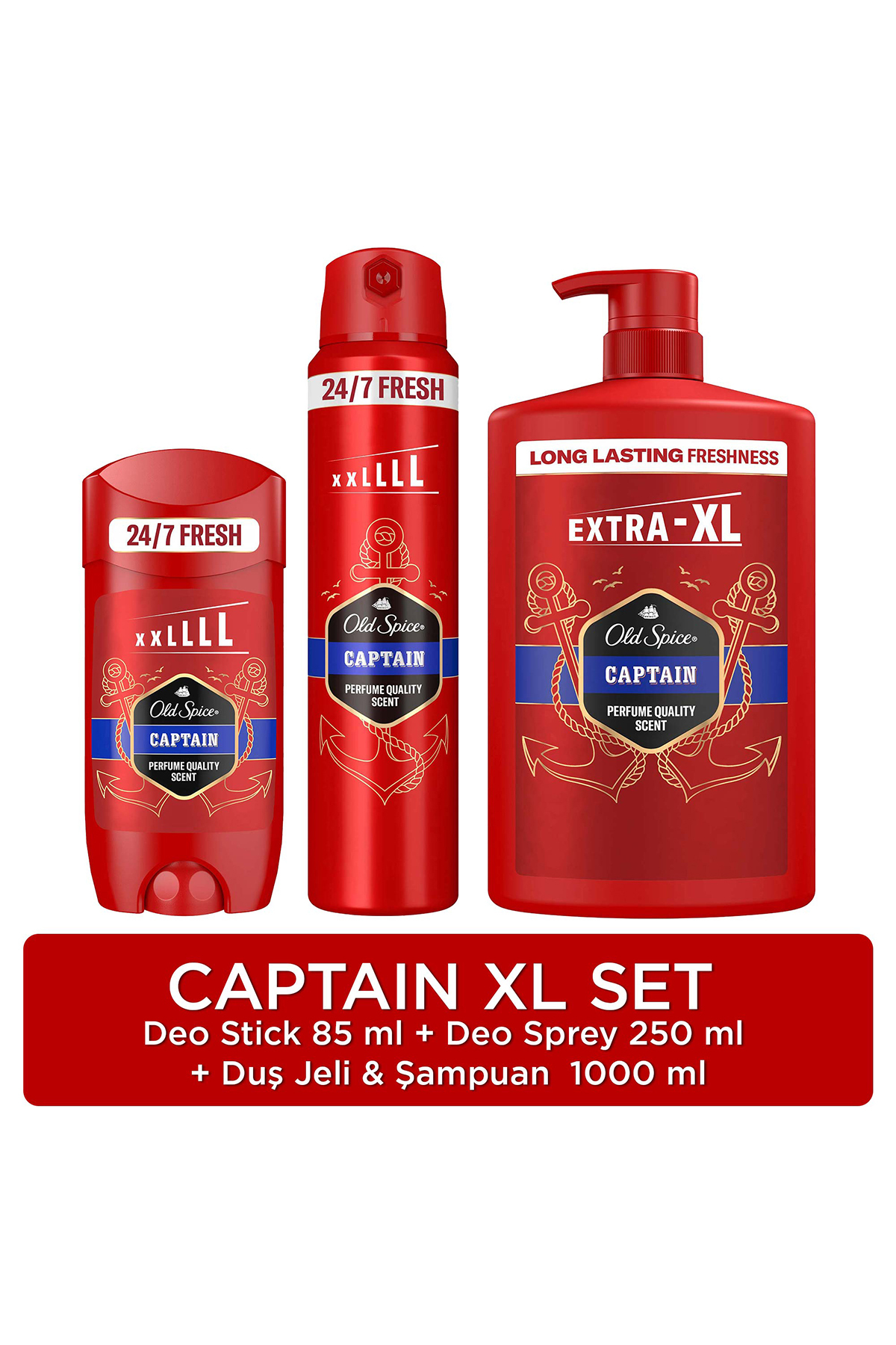 Old Spice Captain Erkek Kişisel Bakım Seti: XL Deo stick 85 ml, XL Sprey 250 ml, XL Duş Jeli 1000 ML