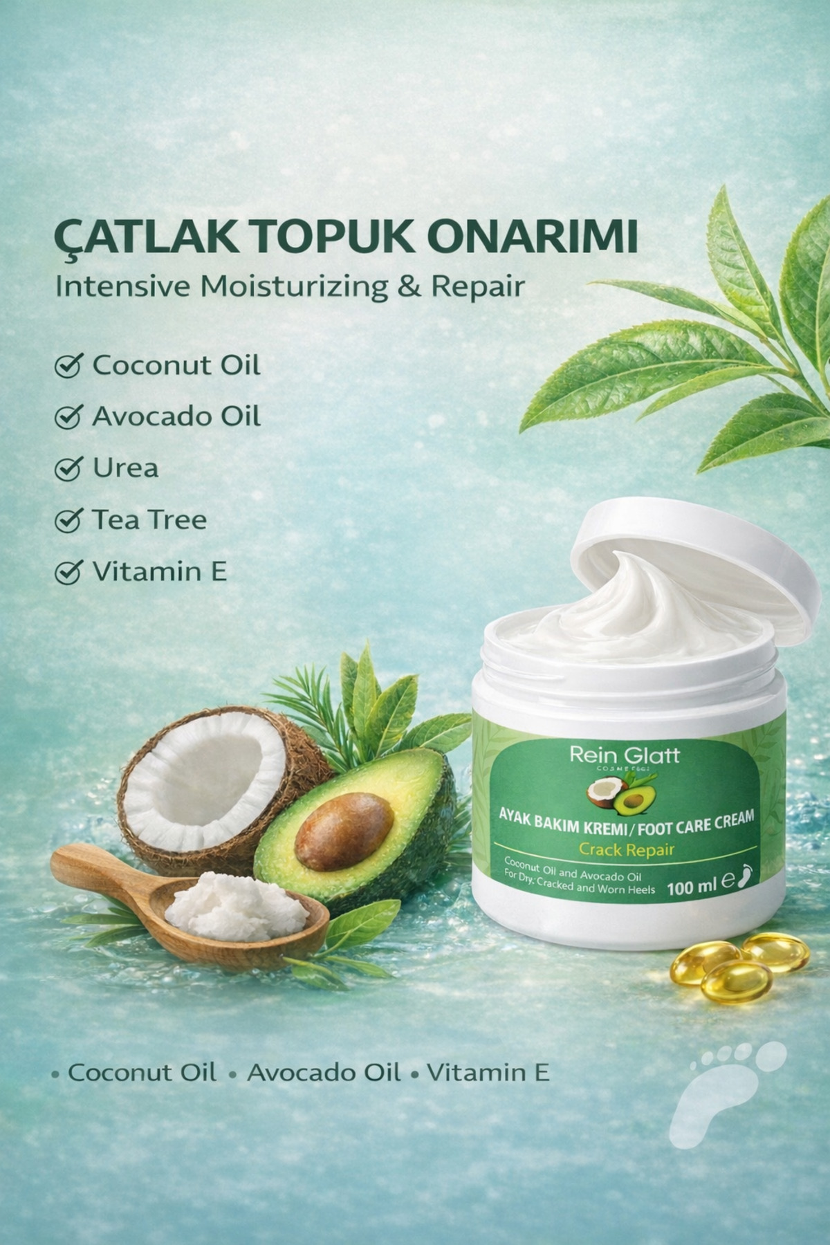 Rein Glatt Cosmetic Avakado Yağı Ve Hindistan Yağı Özlü Çatlak Ve Kuru Ayaklar Için Onarıcı Mucize Ayak Kremi 100 ml