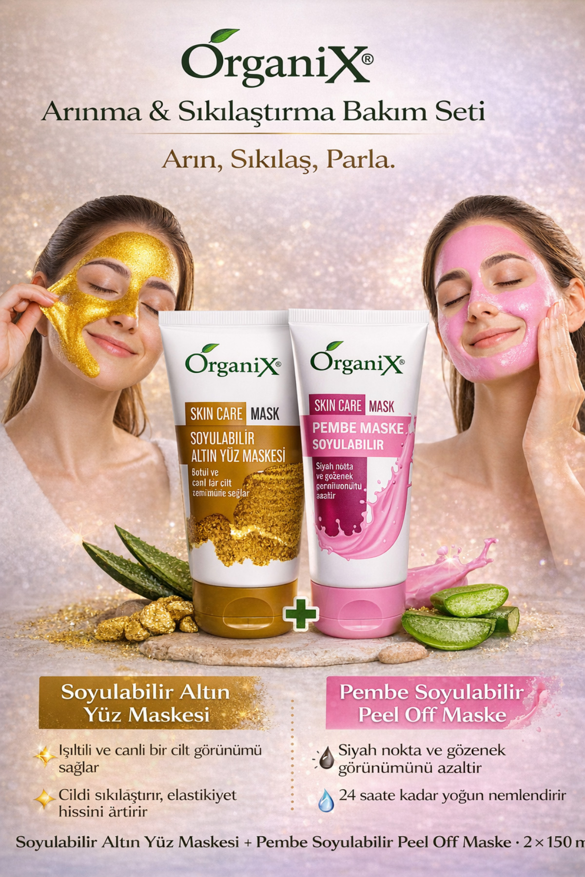 Organix Arınma & Sıkılaştırma Bakım Seti | Soyulabilir Altın Yüz Maskesi + Pembe Peel Off Maske 2×150ml