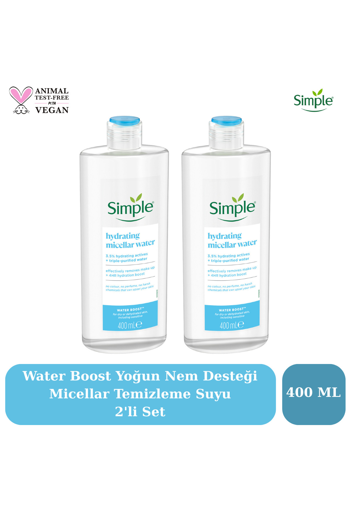 Simple Water Boost Kuru ve Hassas Ciltler İçin Nemlendirici Micellar Makyaj Temizleme Suyu 400 ML 2'li Set