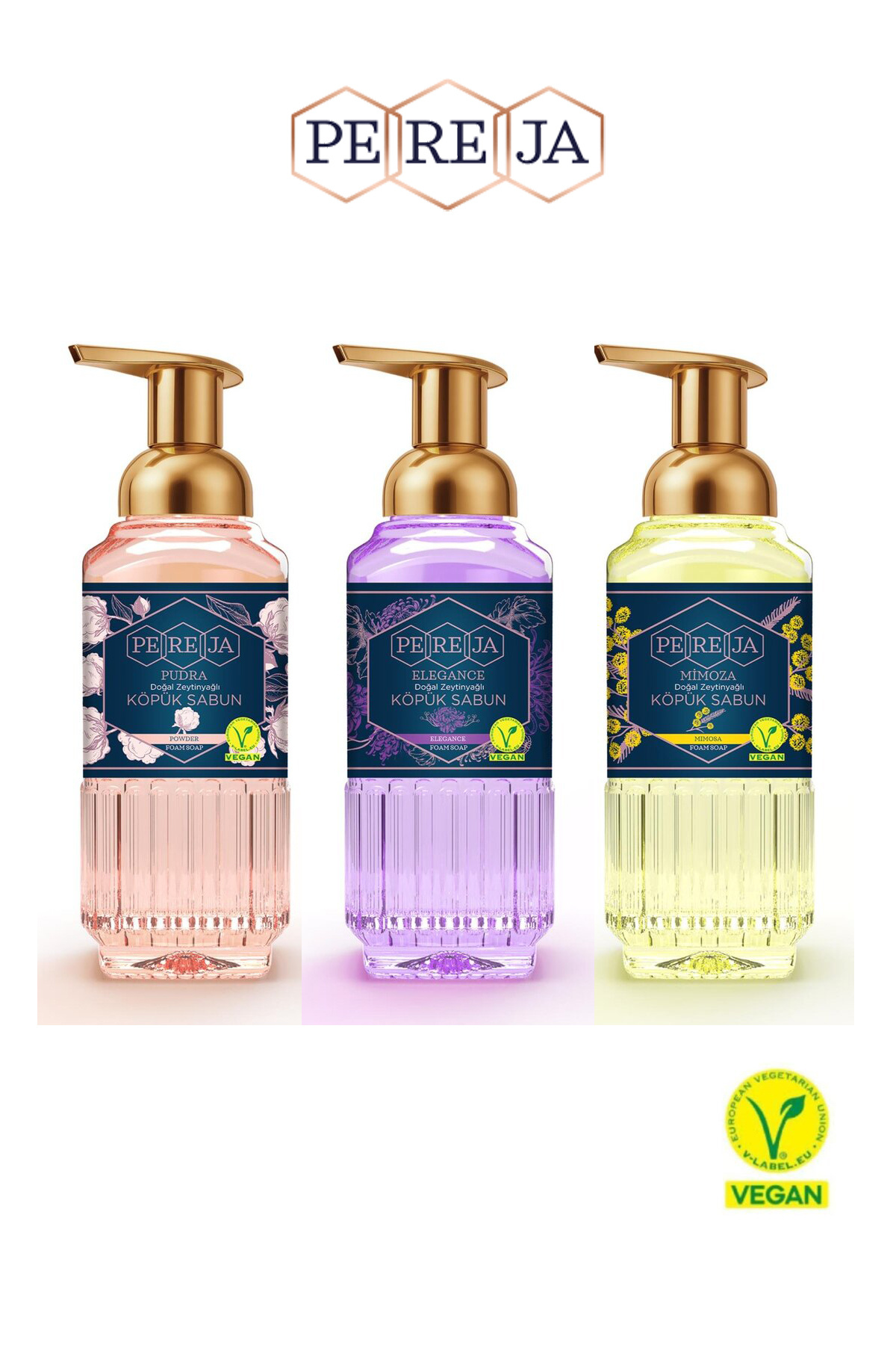 Pereja Köpük Sabun 3x500 ml Vegan | Pudra, Elegance, Mimoza