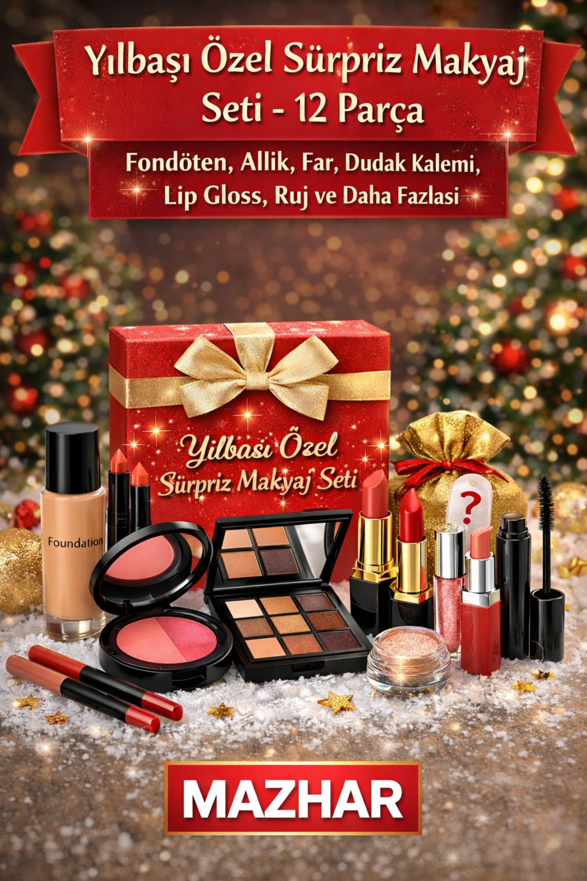 mazhar YILBAŞI ÖZEL Seti 12 PARÇA | Fondoten,Allık,Far,ruj, lip gloss ve NİCE ÜRÜN