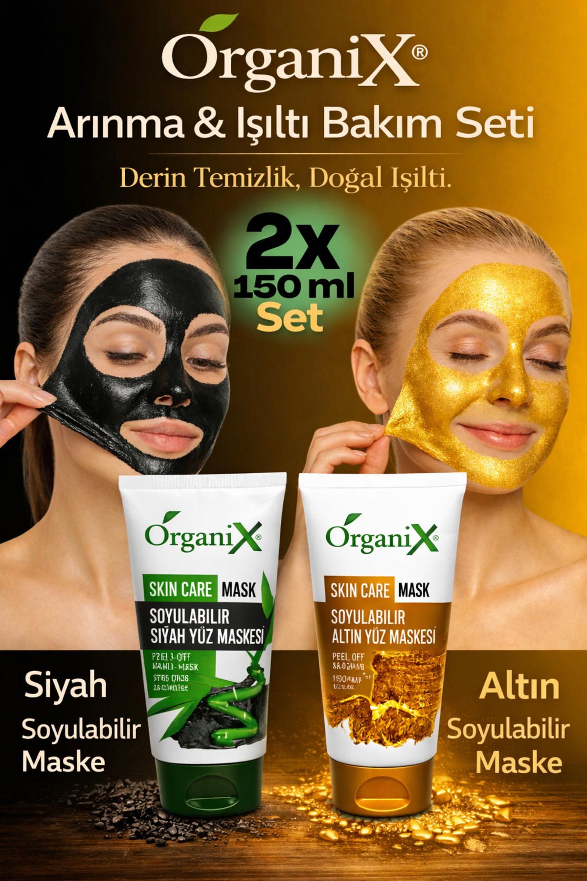 Organix Soyulabilir Siyah Nokta & Altın Maske – Gözenek Arındırıcı Cilt Temizleyici 2x150 ml