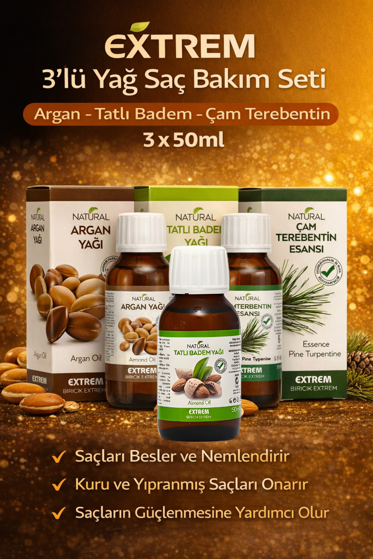 Natural Doğal Saç Bakım Seti | Argan yağı - Badem Yağı - Çam Terebentin Esansı | 50 ml X 3 Adet