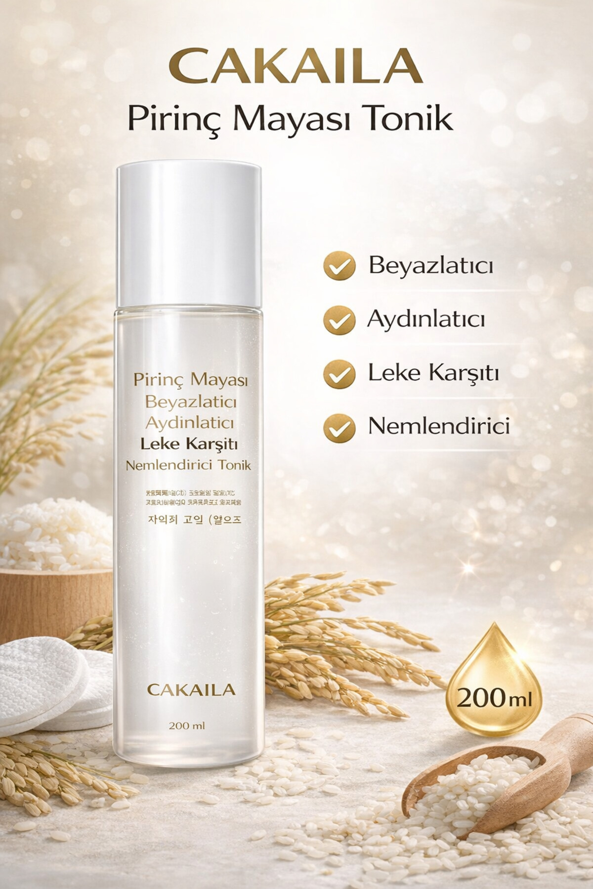 CAKAILA Pirinç Mayası Beyazlatıcı, Aydınlatıcı, Leke Karşıtı Nemlendirici Tonik – 200 ml