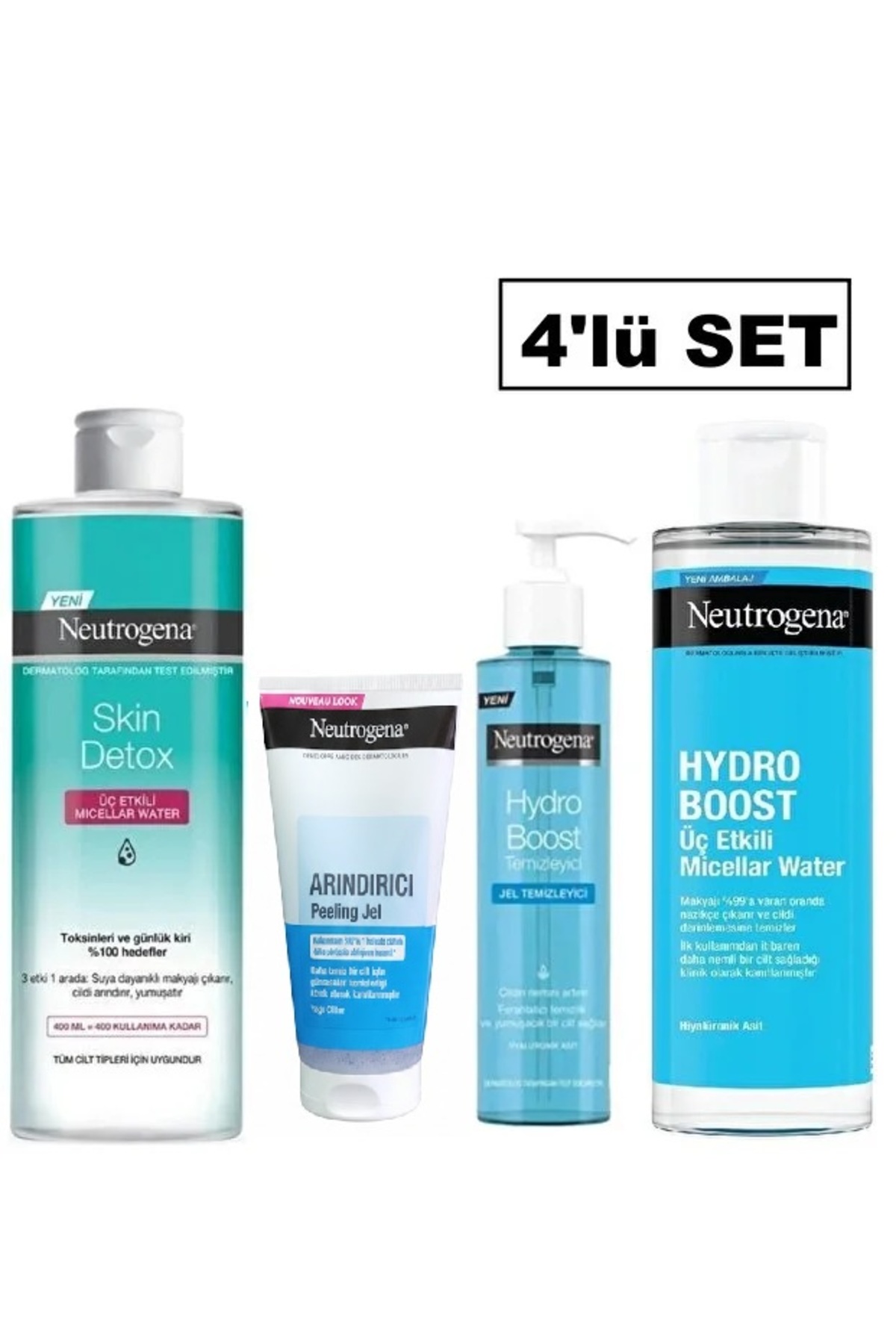 Neutrogena Makyaj Temizleme Suyu, Temizleme Jeli, Üç Etkili Misel Su ve Arındırıcı peeling - 4'lü set