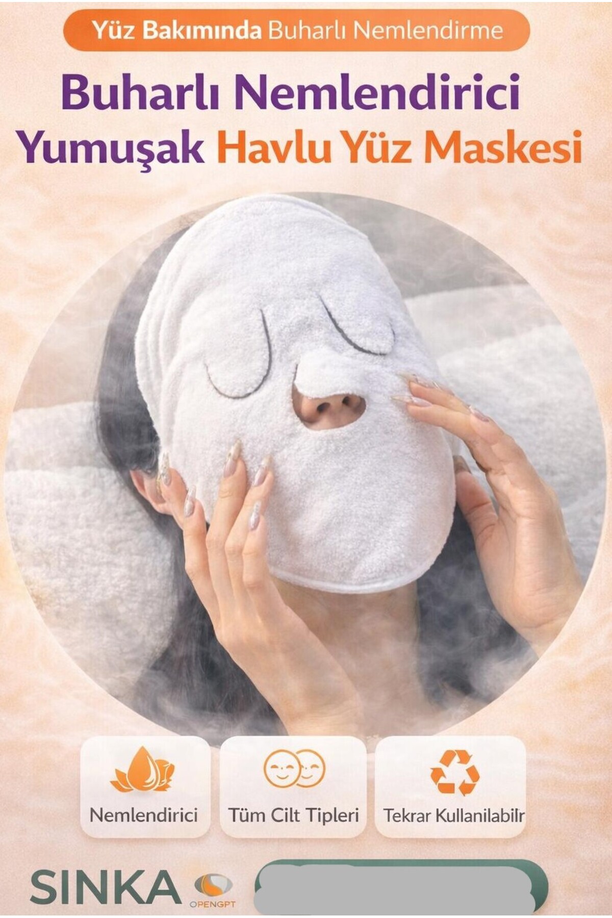 SİNKA Havlu Yüz Maske Buharlı Nemlendirici Yüz Bakım Maskesi Yeniden Kullanılabilir Yumuşak