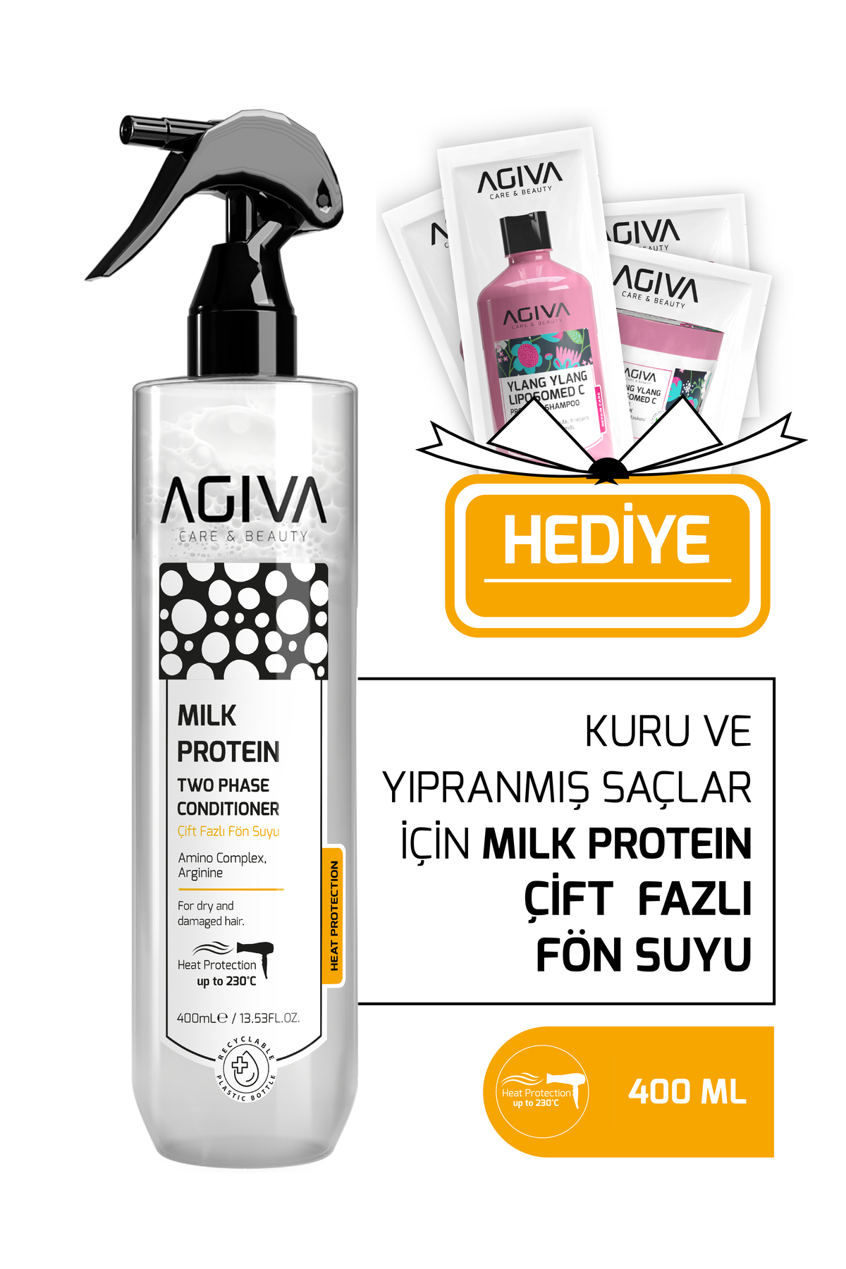 Agiva Care&Beauty Milk Protein Kuru ve Yıpranmış Saçlar İçin Isı Koruyuculu Çift Fazlı Fön Suyu