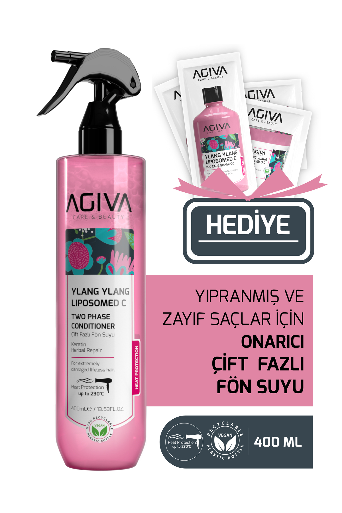 Agiva Ylang Ylang Liposom C Çift Fazlı Isıya Karşı Korumalı Fön Suyu 400 ml - Vegan Saç Bakım Spreyi