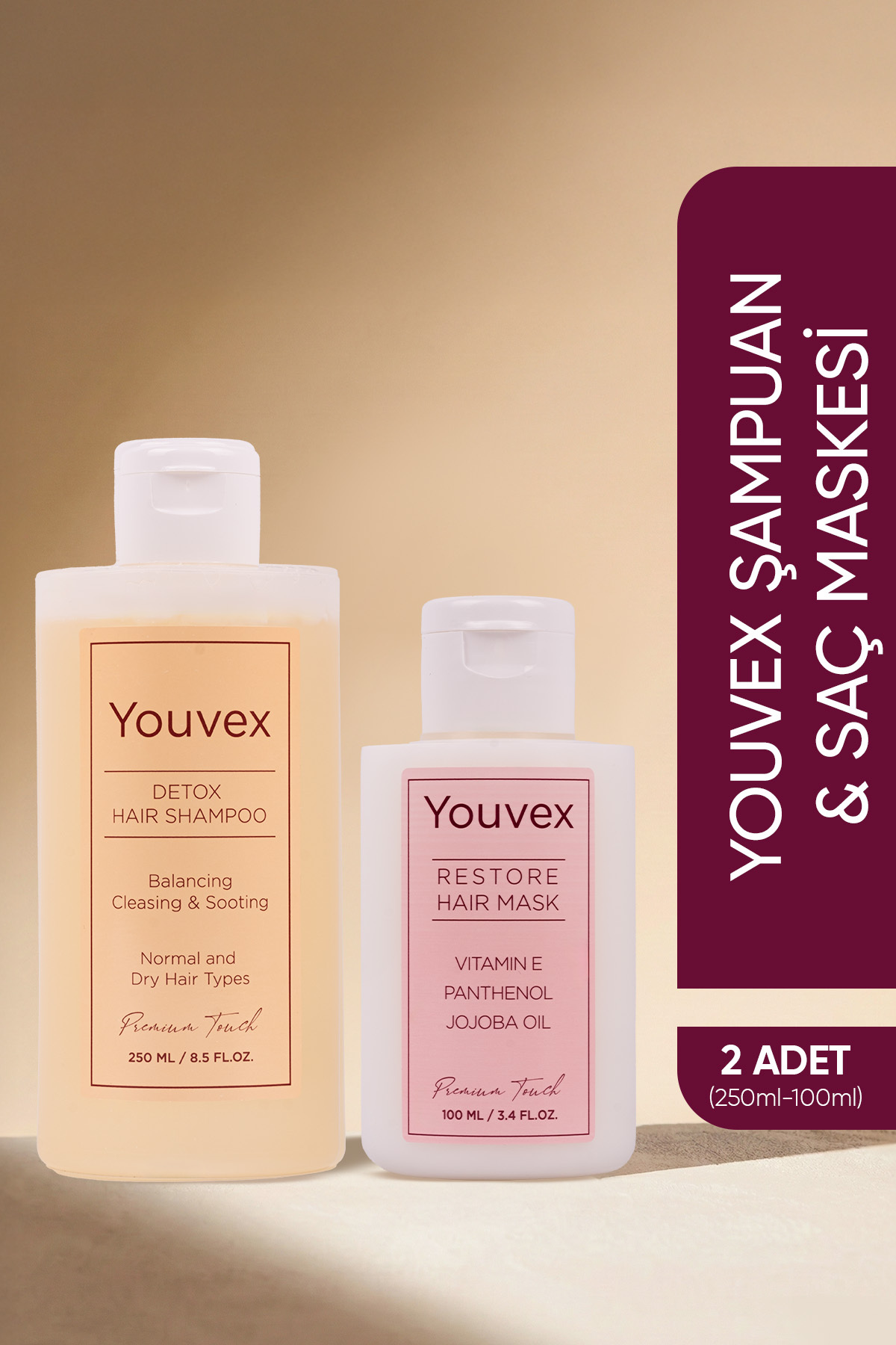 The Youvex Normal,Kuru Saçlar için Detox Bakım Şampuanı 250ml ve Yoğun Bakım Maskesi 100ml Saç Bakım Seti
