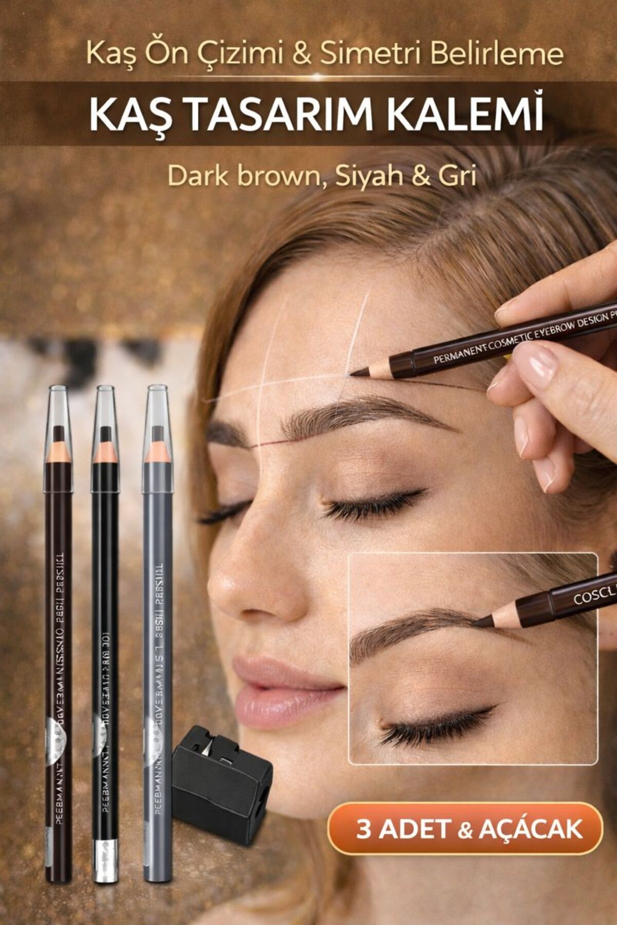 Coscelia 3 ADET KALICI MAKYAJ İPLİ İŞARETLEME TASARIM KALEMI WATERPROOF + KALEM AÇACAK APARATI