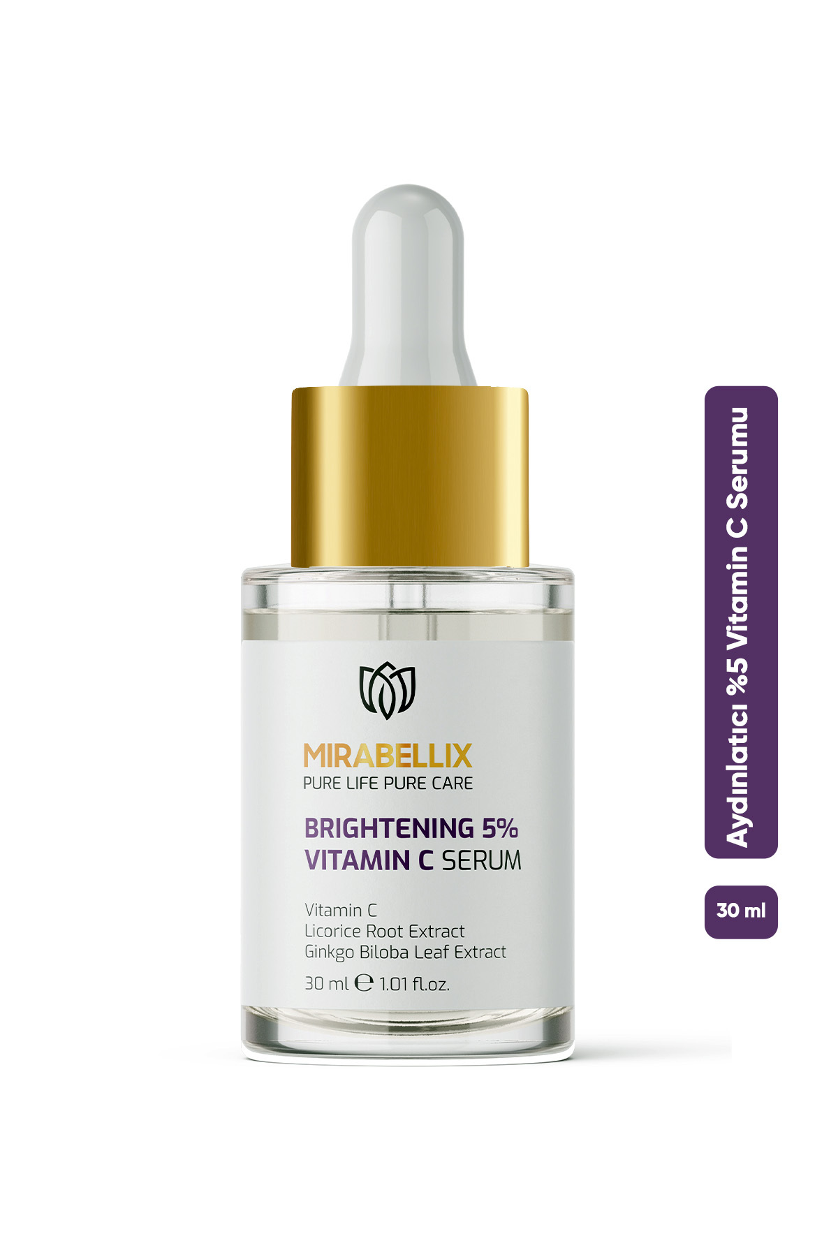 Mirabellix Aydınlatıcı %5 C Vitamini & Niasinamid İçeren Serum – Meyan Kökü ve Ginkgo Biloba Özlü 30 ml