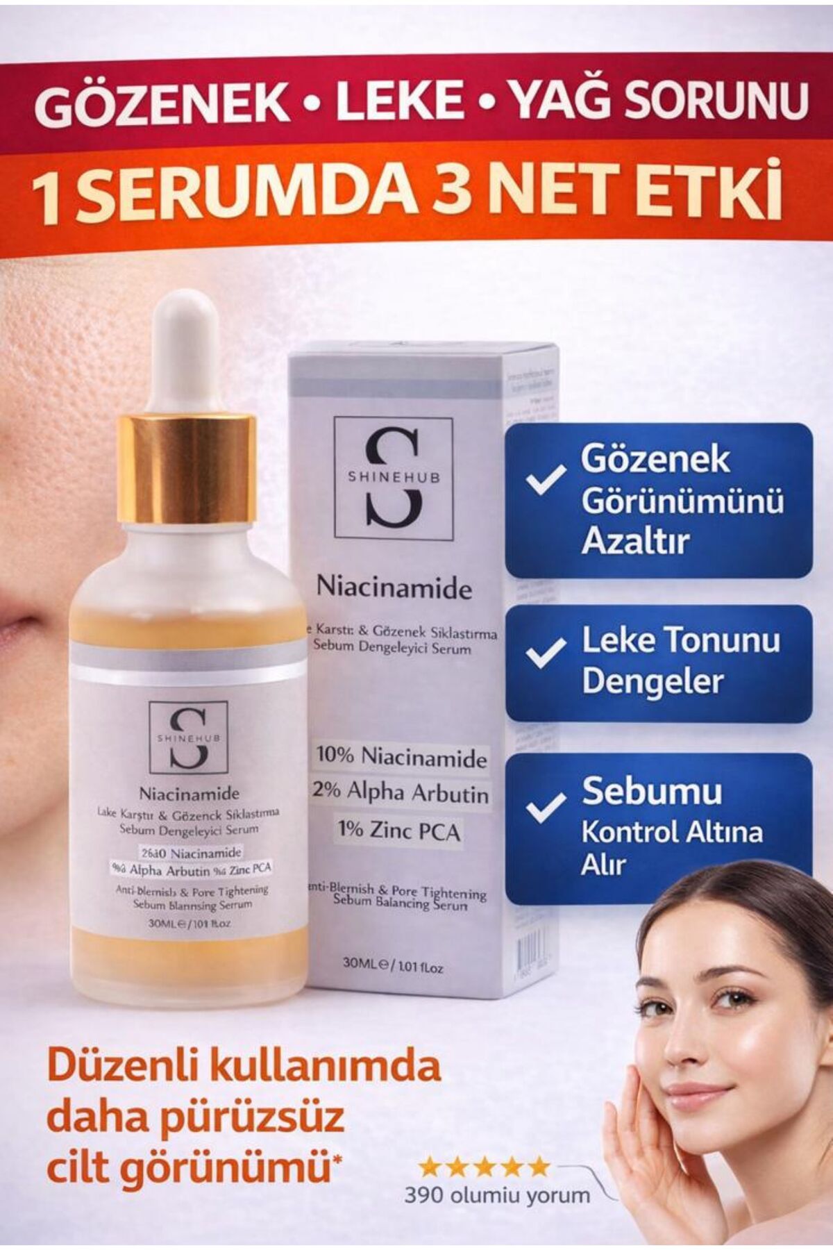 SHINEHUB Niacinamide Cilt Serumu - Leke Karşıtı & Gözenek Sıkılaştırma & Sebum Dengeleyici Arbutin Nia Serum