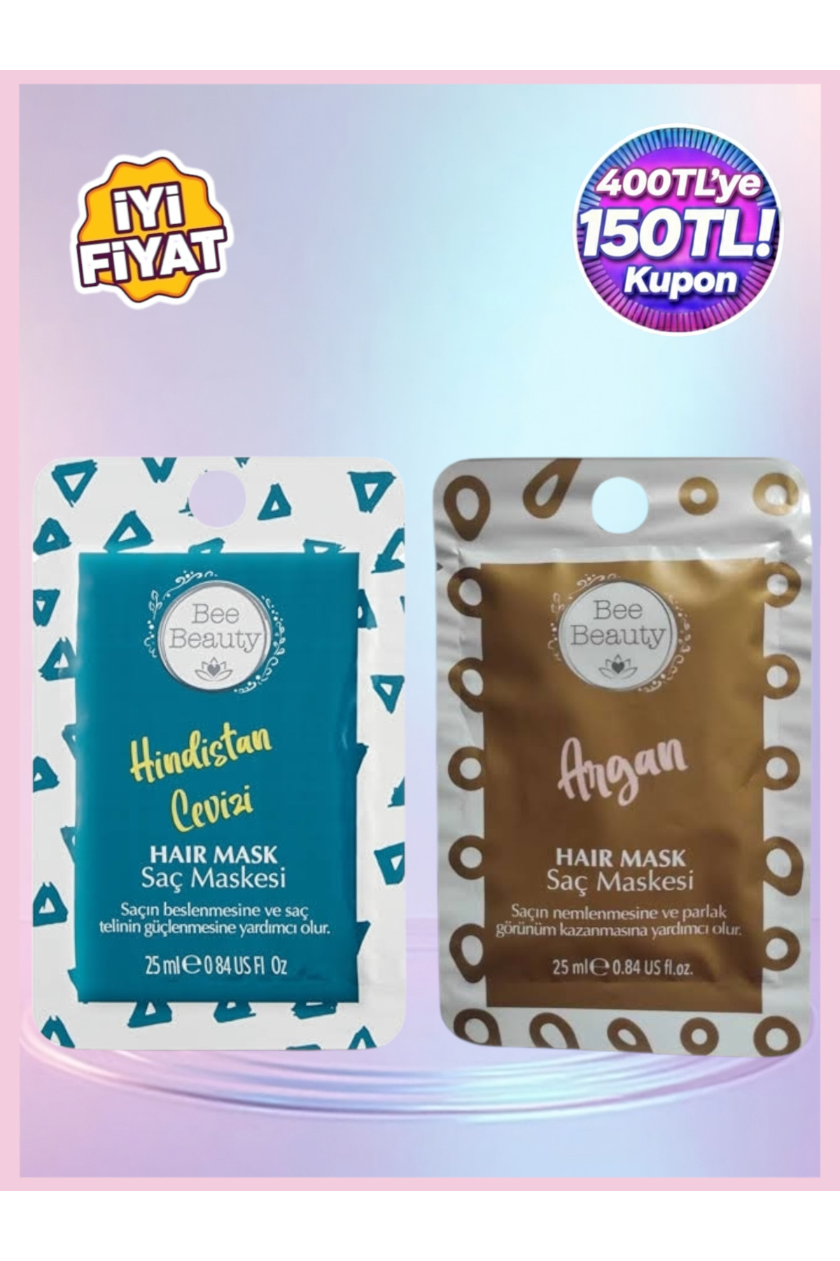Bee Beauty Argan ve Hindistan Cevizi Saç Maskesi 2 Adet Haftalık Saç Bakım Seti