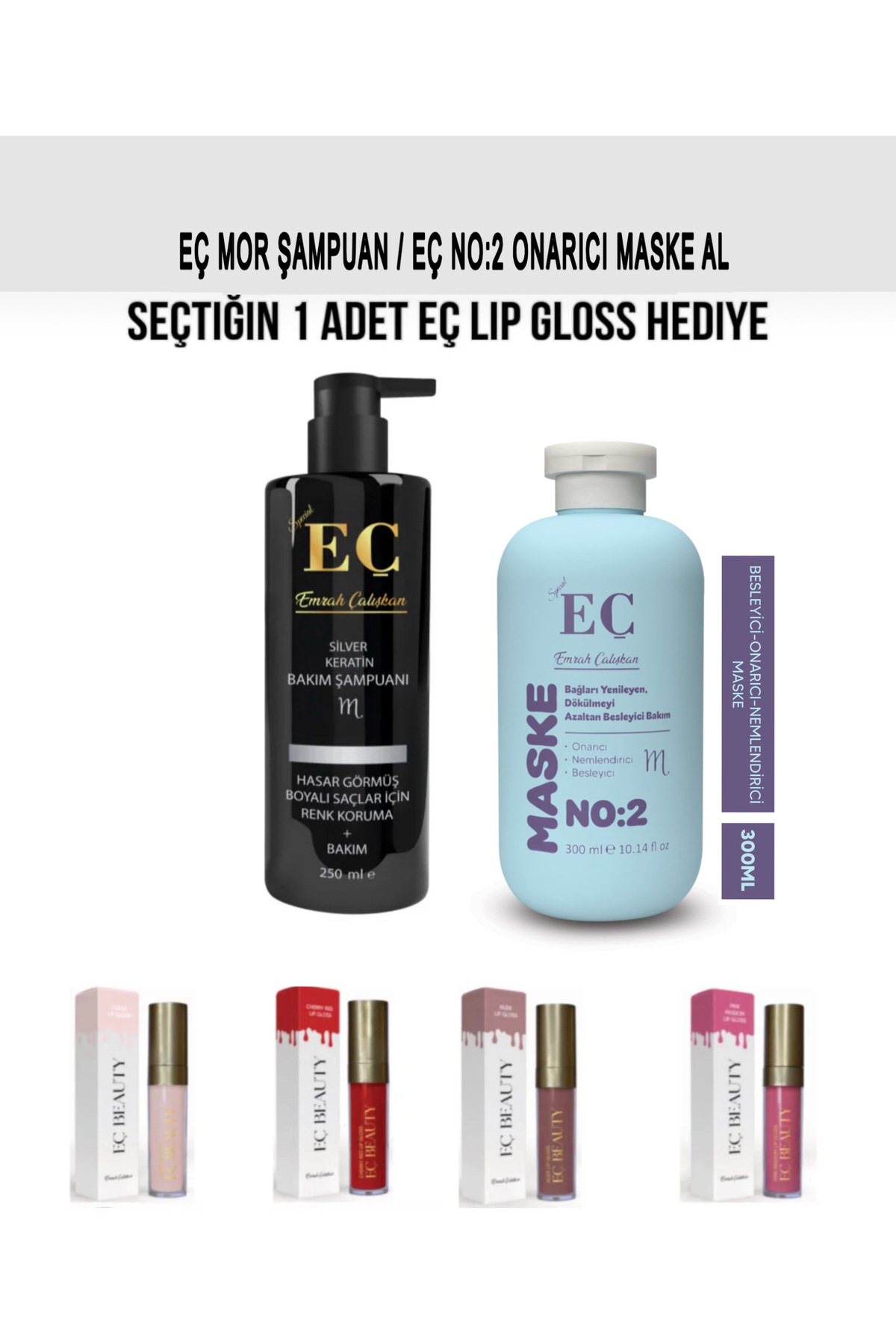emrah çalışkan EÇ MOR ŞAMPUAN VE EÇ NO:2 ONARICI MASKE ( DUDAK PARLATICI LIP GLOSS HEDİYE)
