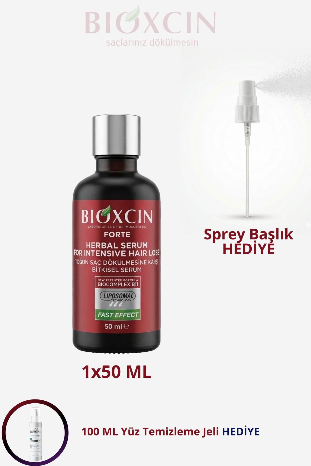 Bioxcin Forte Serum Yoğun Saç Dökülmelerine Karşı Tek Şişe Tanışma Paketi 50 ml Sprey Başlık Ve Jel Hediye