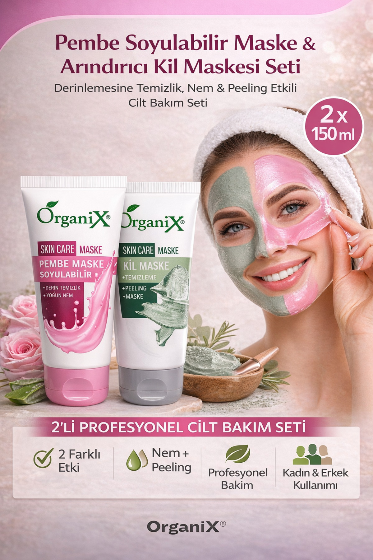 Organix Pembe Soyulabilir Yüz Maskesi & Arındırıcı Kil Maskesi – Peeling Etkili Cilt Bakım Seti (2x 150ml)