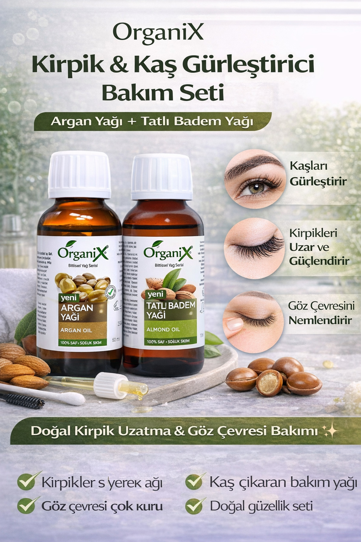 Organix Kirpik Kaş Gürleştirici & Göz Çevresi Bakım Seti Tatlı Badem Yağı + Argan Yağı 2x 50 ml