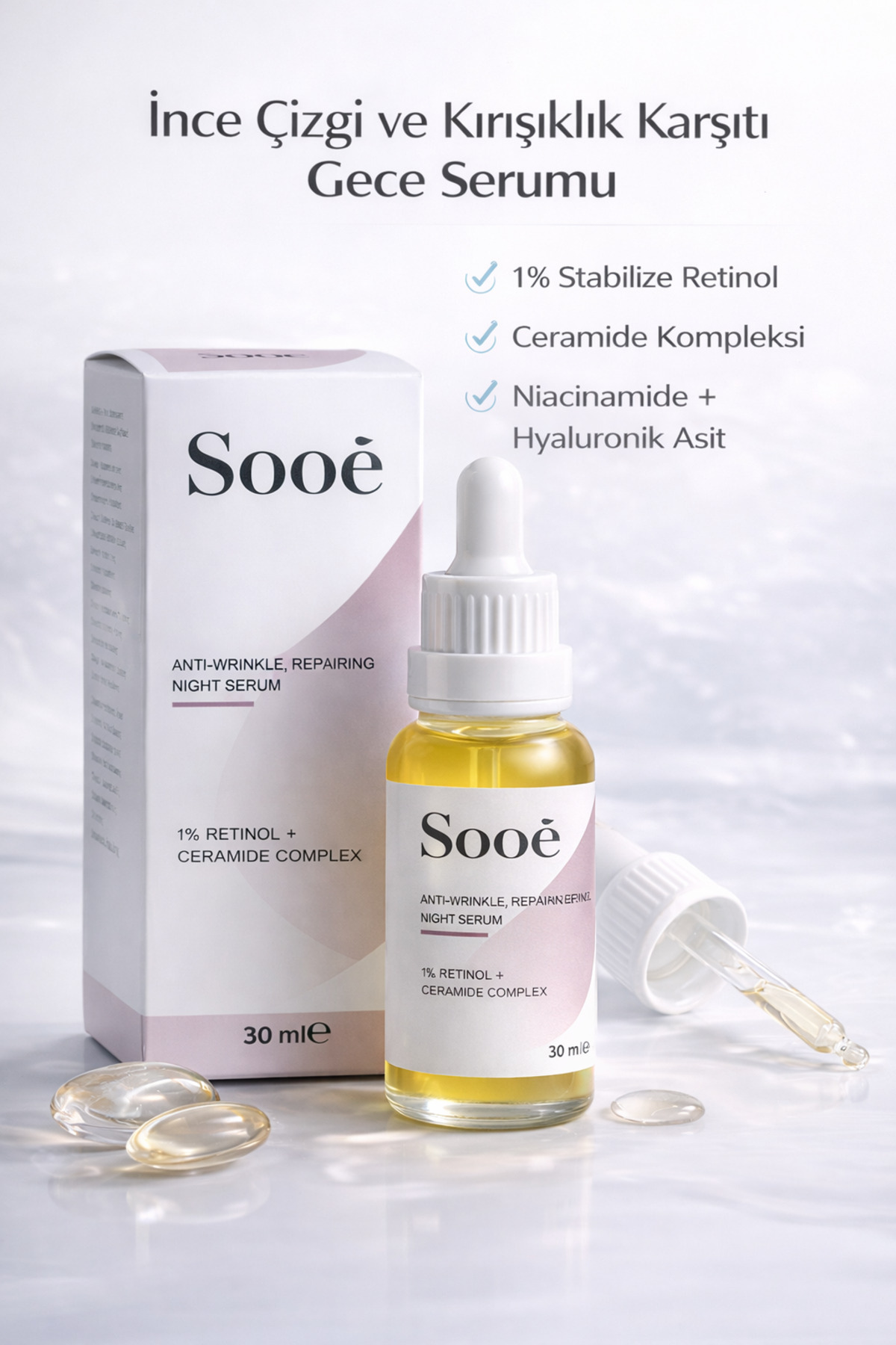 Sooê Kırışıklık Karşıtı, Onarıcı Retinol Gece Serumu 30 Ml (1% Retinol + Ceramide Complex)