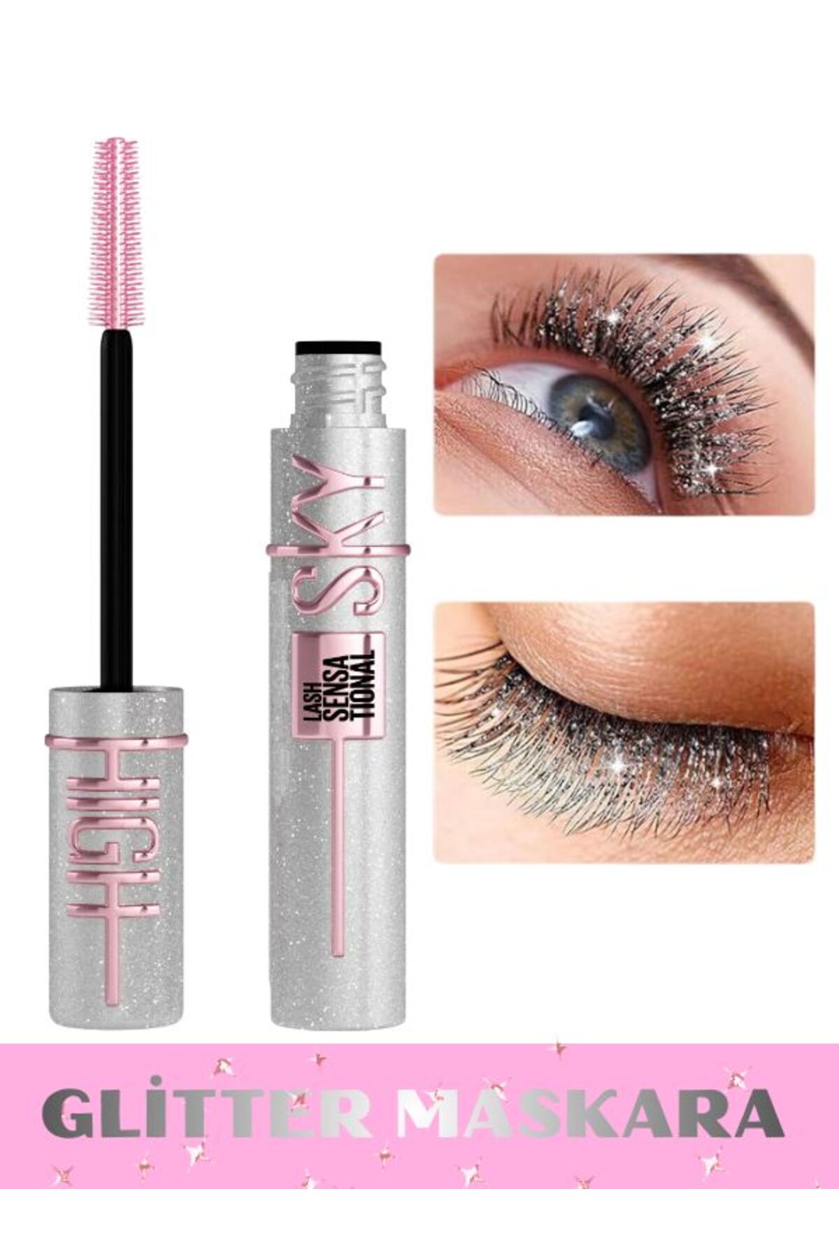 NUNUKO Sky High Simli Renkli Maskara - Silver Glitter Mascara - Kar Tanesi Efektli Maskara