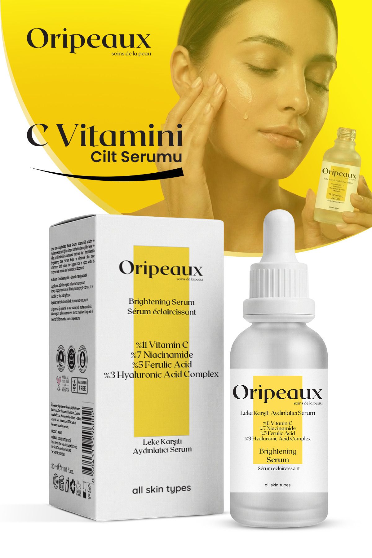 Oripeaux Leke Karşıtı Aydınlatıcı C Vitamini Cilt Serumu 30 ml (%11Cvit. 7%Niac. 5%Fer. Ac. 3%Hya.Acid.)
